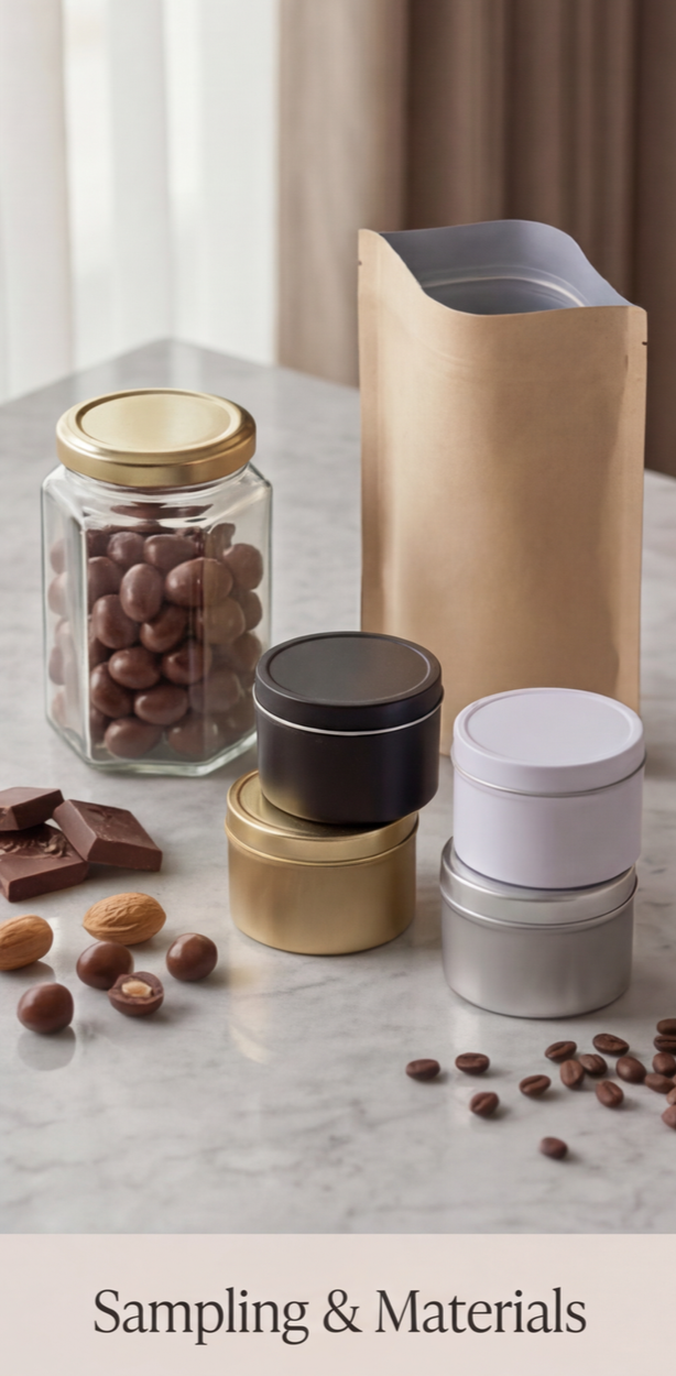 Assorted containers and jars of different materials on a marble surface, with chocolates and nuts in the foreground, and a paper bag in the background.
