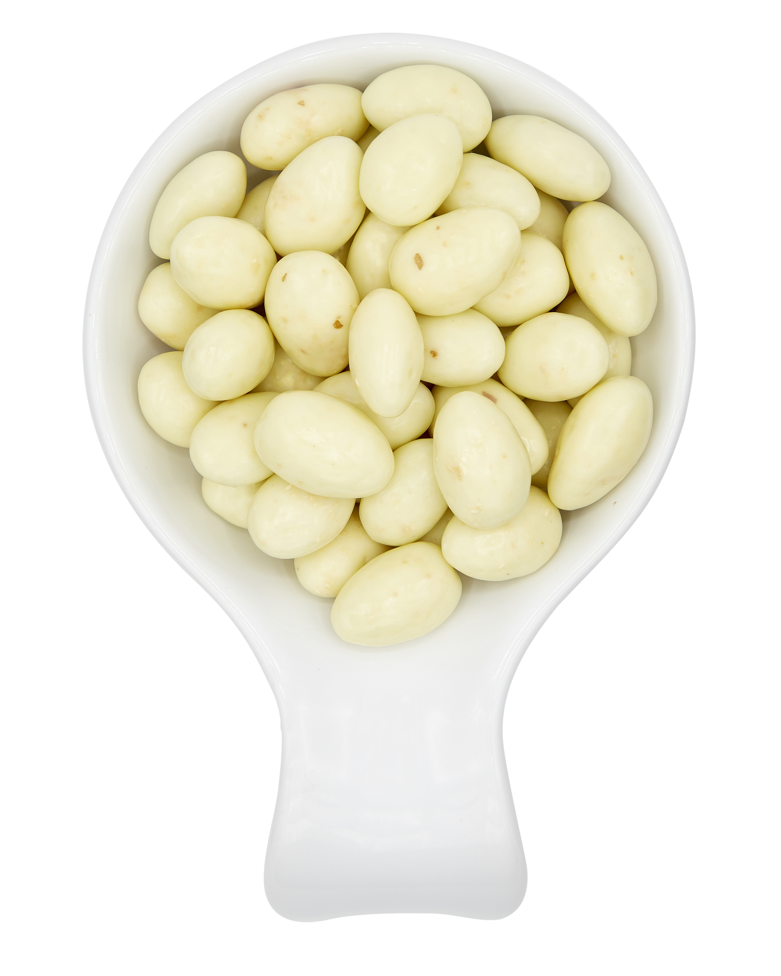 A white scoop filled with white chocolate-covered almonds.