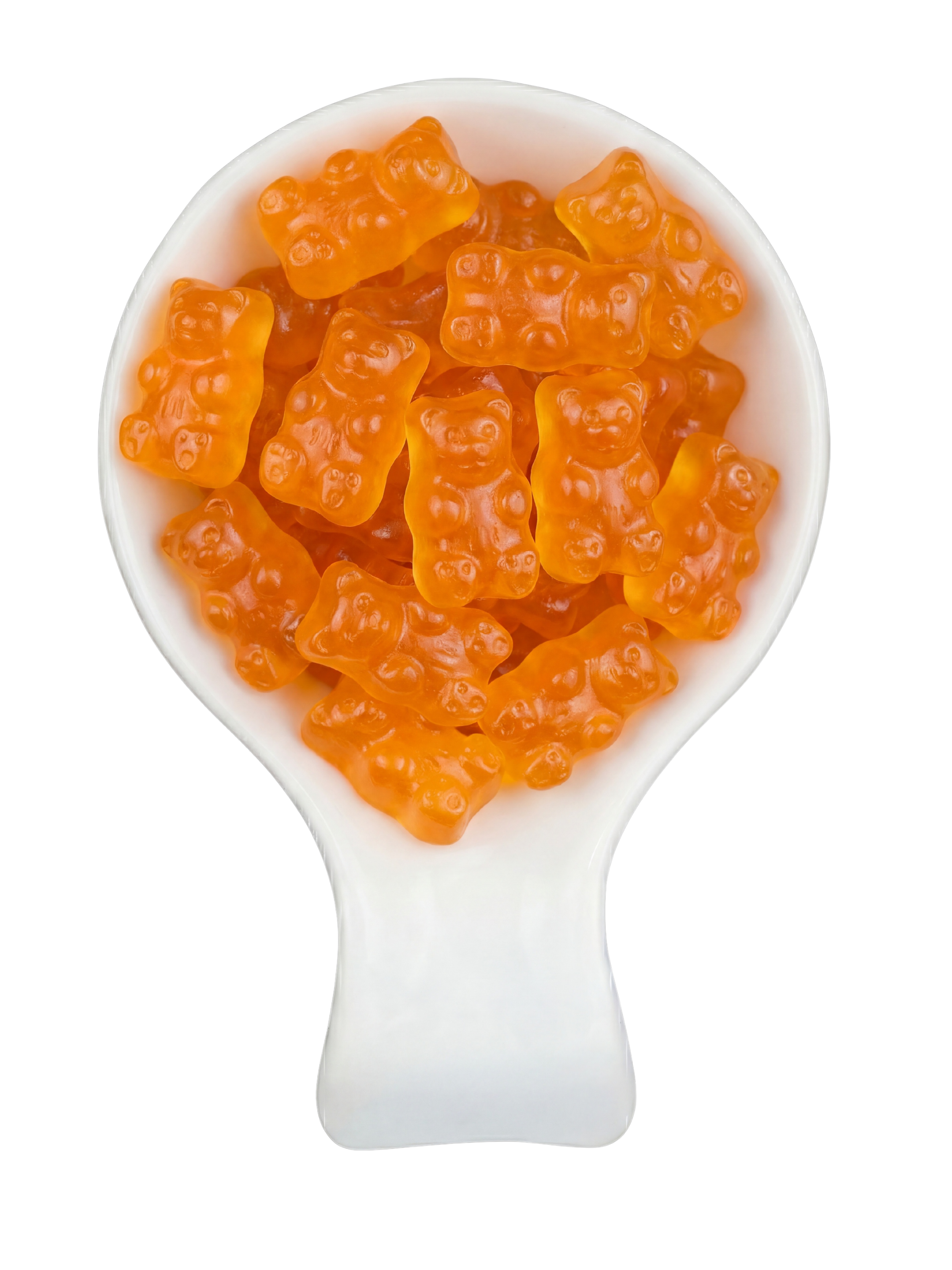 Close-up of gummy bears in a white spoon with a black background.