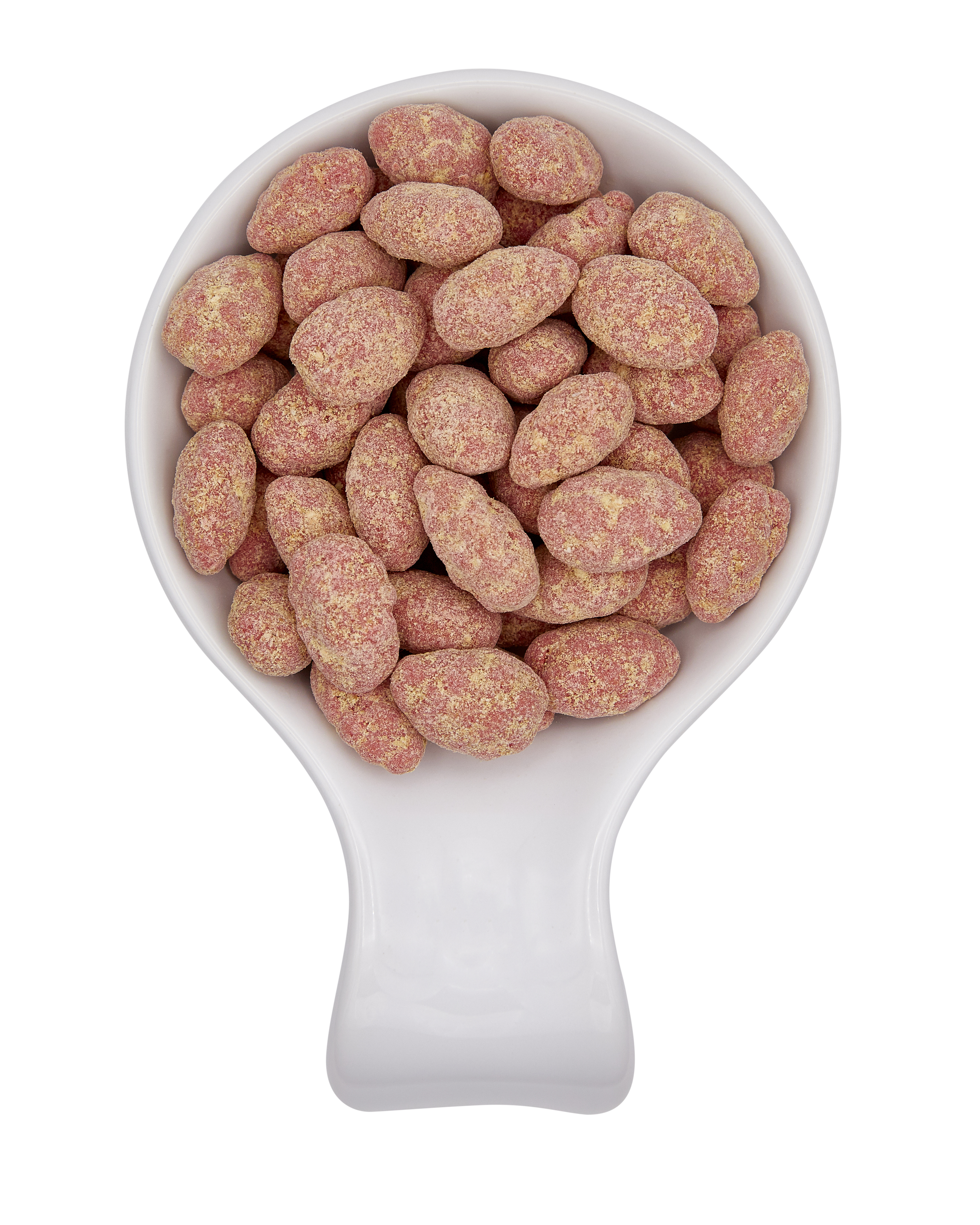 Raspberry almonds in a white bowl.