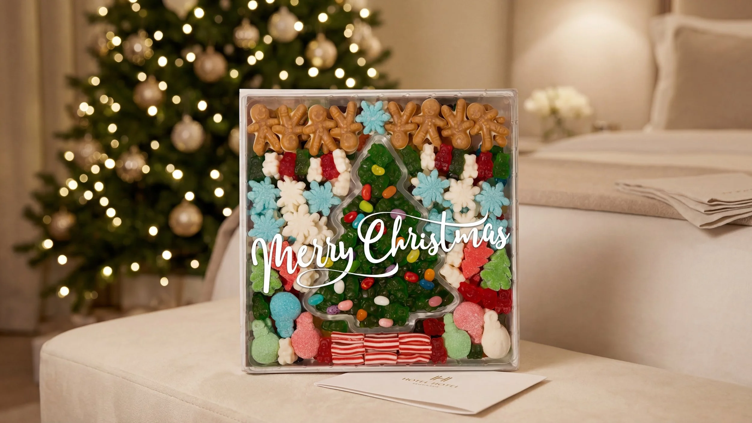 A assorted candy platter in a Christmas setting.