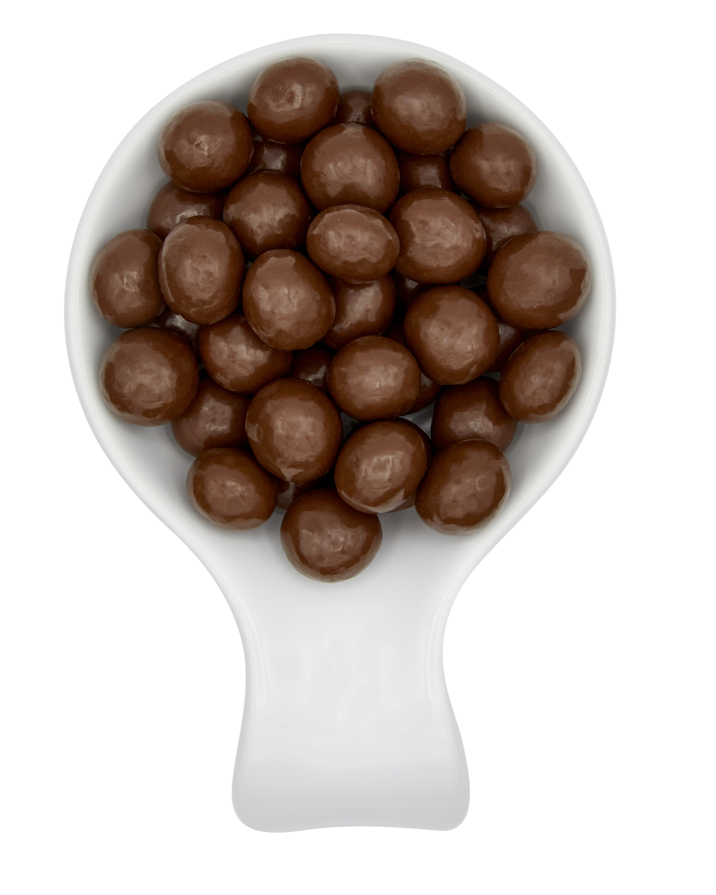 Chocolate-covered malt balls in a white scoop.