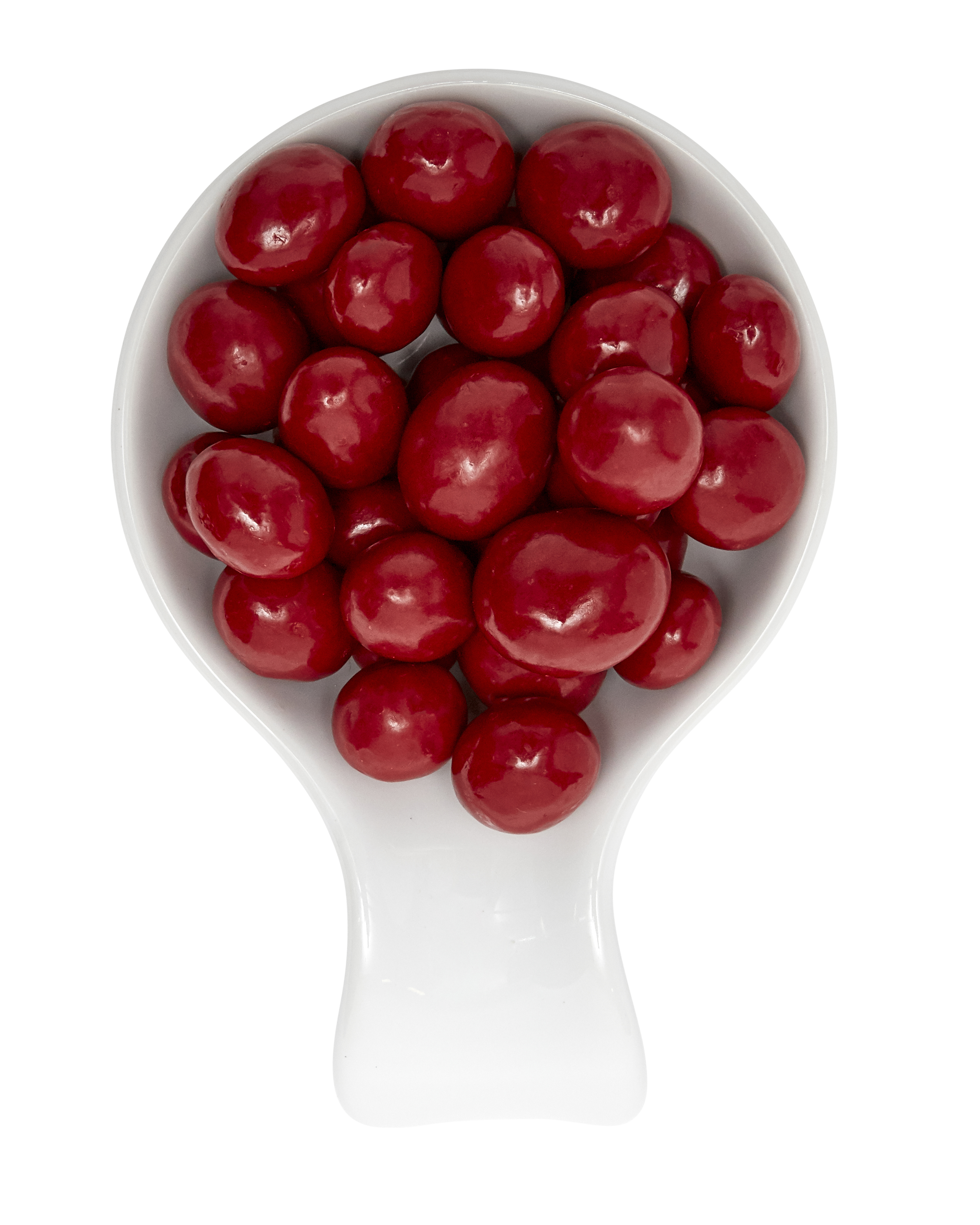 A white scoop filled with red cherries placed against a black and gray background.