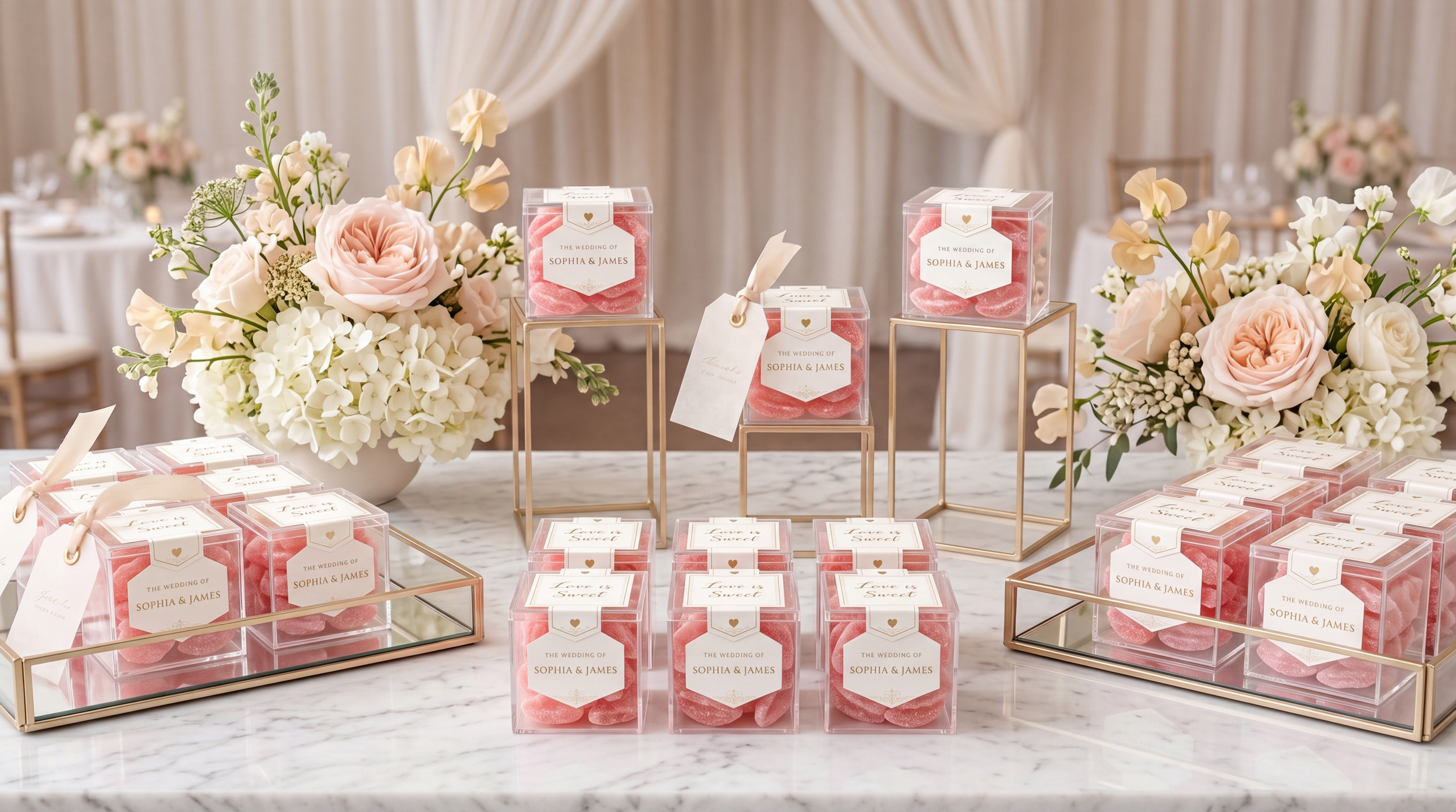 Table decor with pink and white flower arrangements and small clear boxes containing pink candies, labeled 'The wedding of Sophia & James', designed for a wedding celebration.