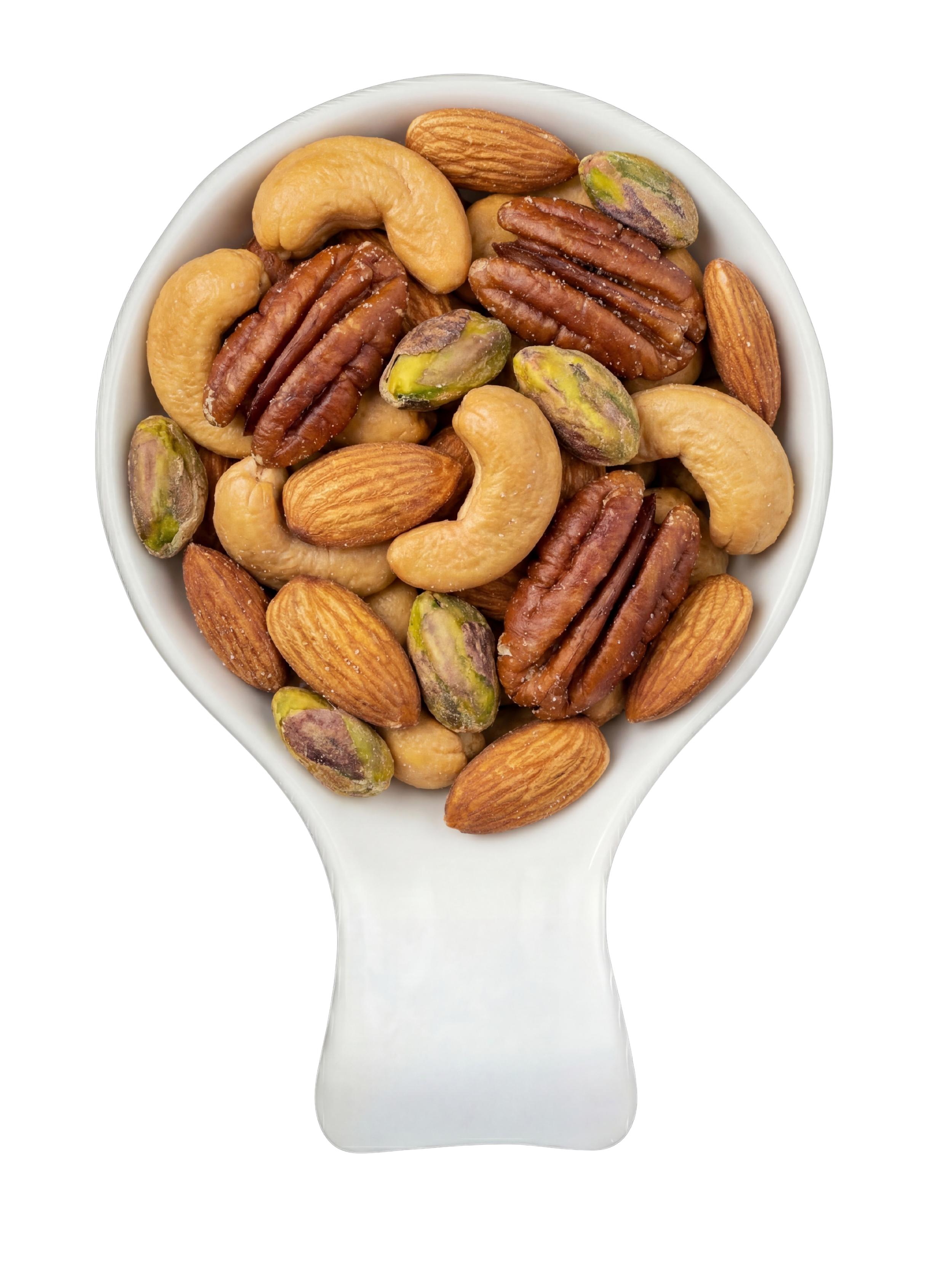 A white spoon filled with mixed nuts including cashews, almonds, pecans, and pistachios against a black background.
