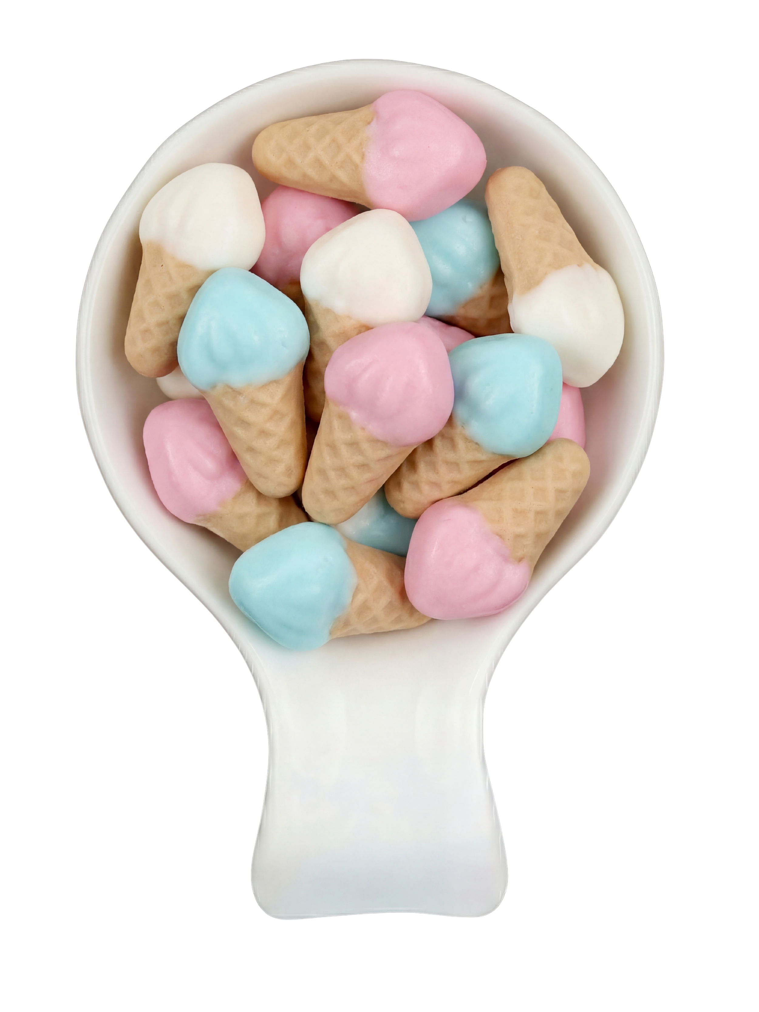 A white spoon filled with colorful ice cream cones and scoops in pink, white, and blue.