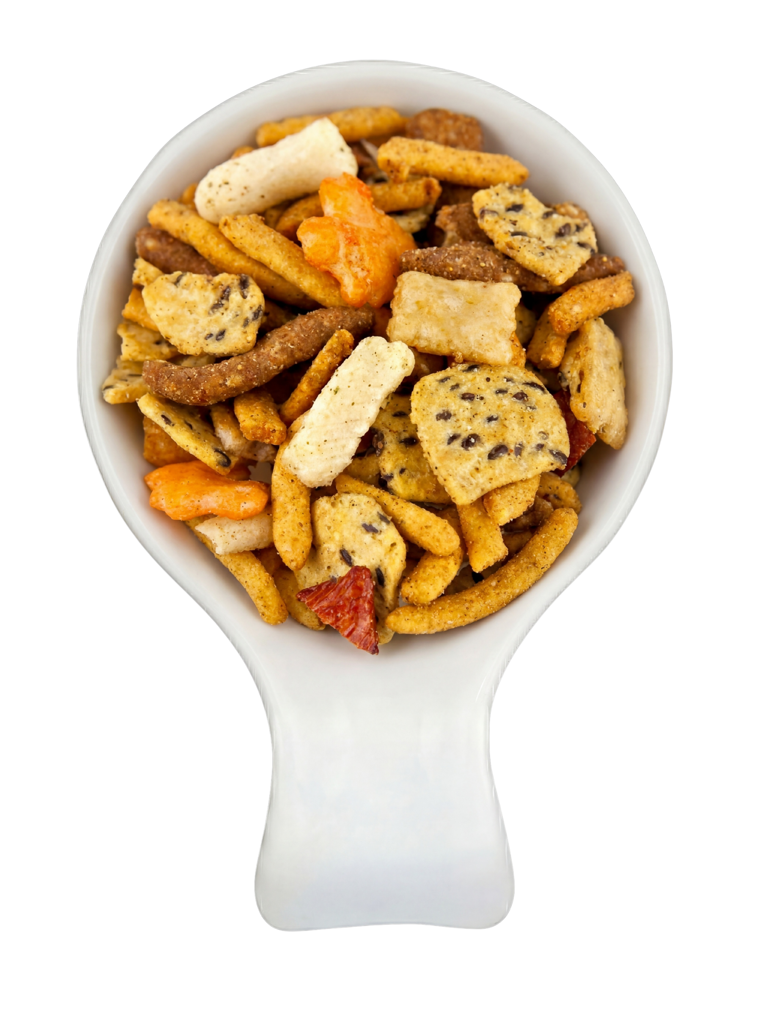 A white ceramic spoon filled with an assortment of savory snack crackers, including cheese-flavored, multigrain, and vegetable-flavored varieties, set against a black background.