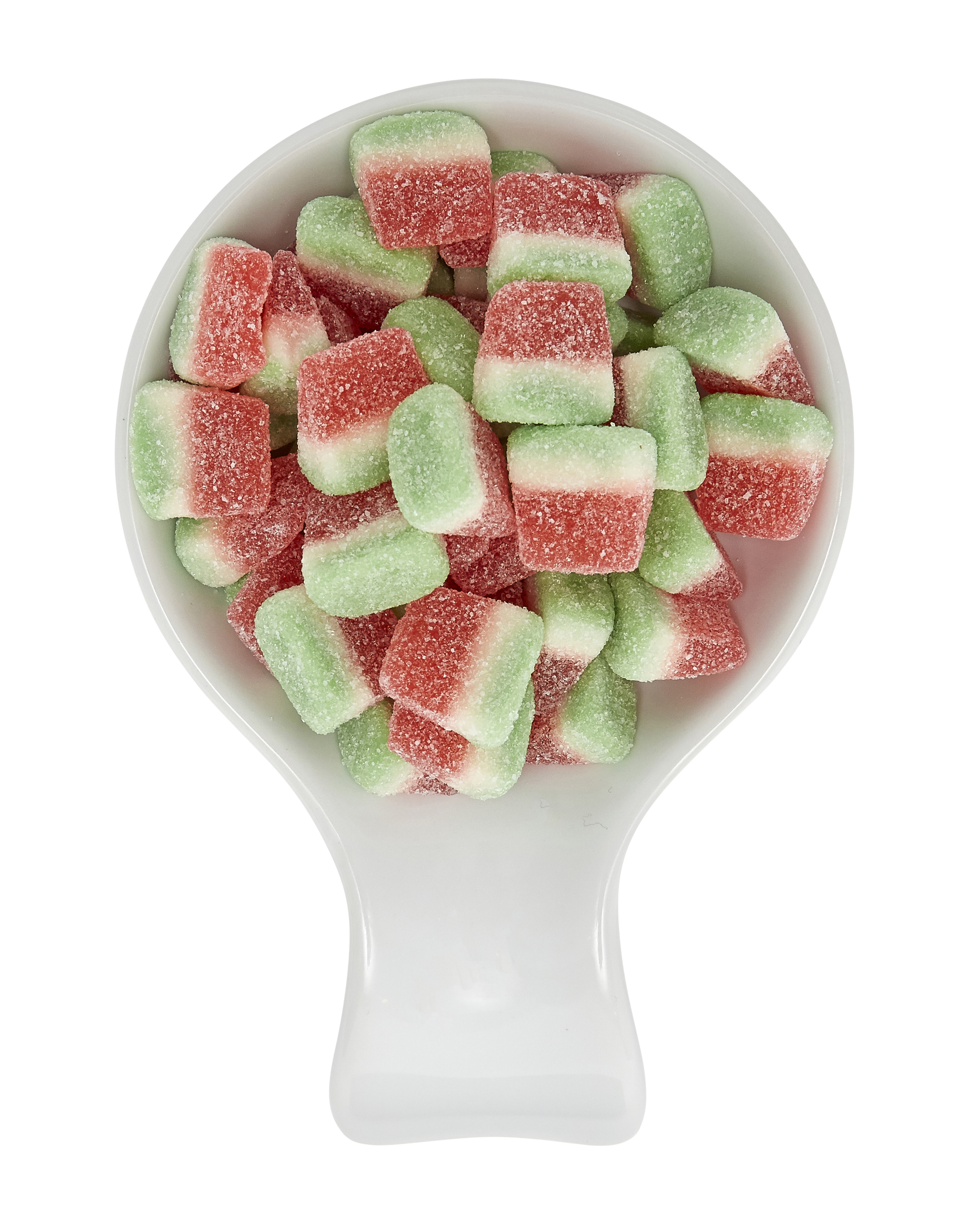 Close-up of a white scoop filled with colorful watermelon and lime flavored gummy candies covered in sugar.