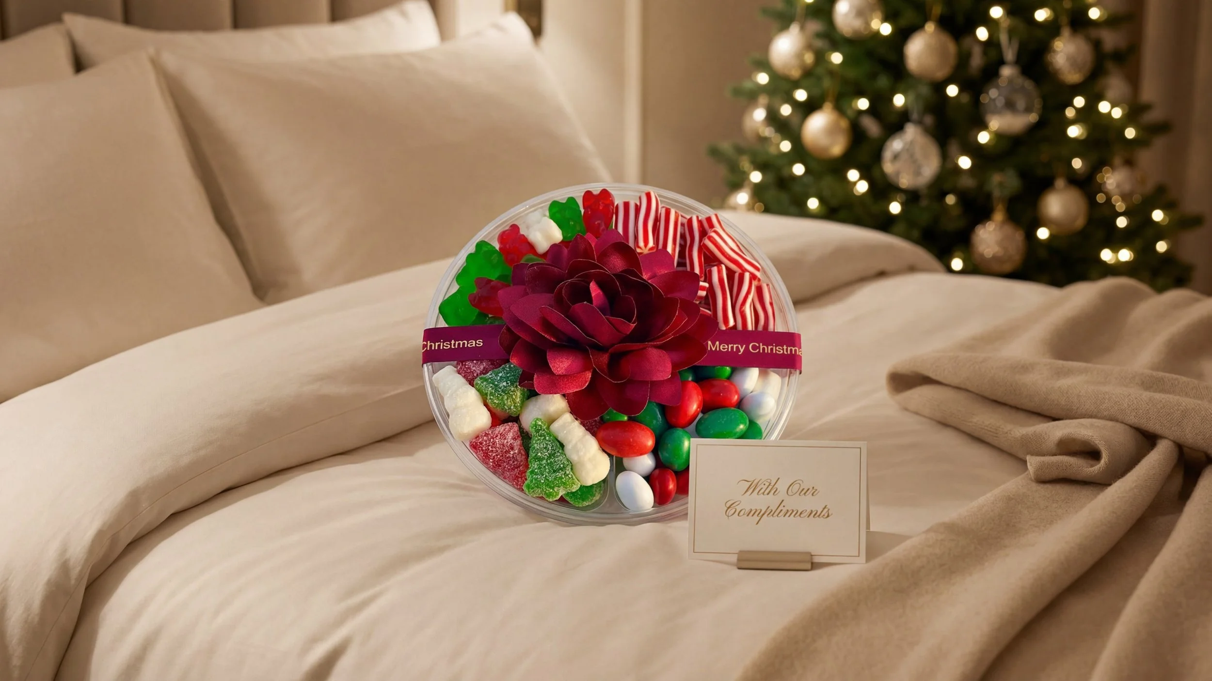 A assorted candy tray in a Christmas setting.
