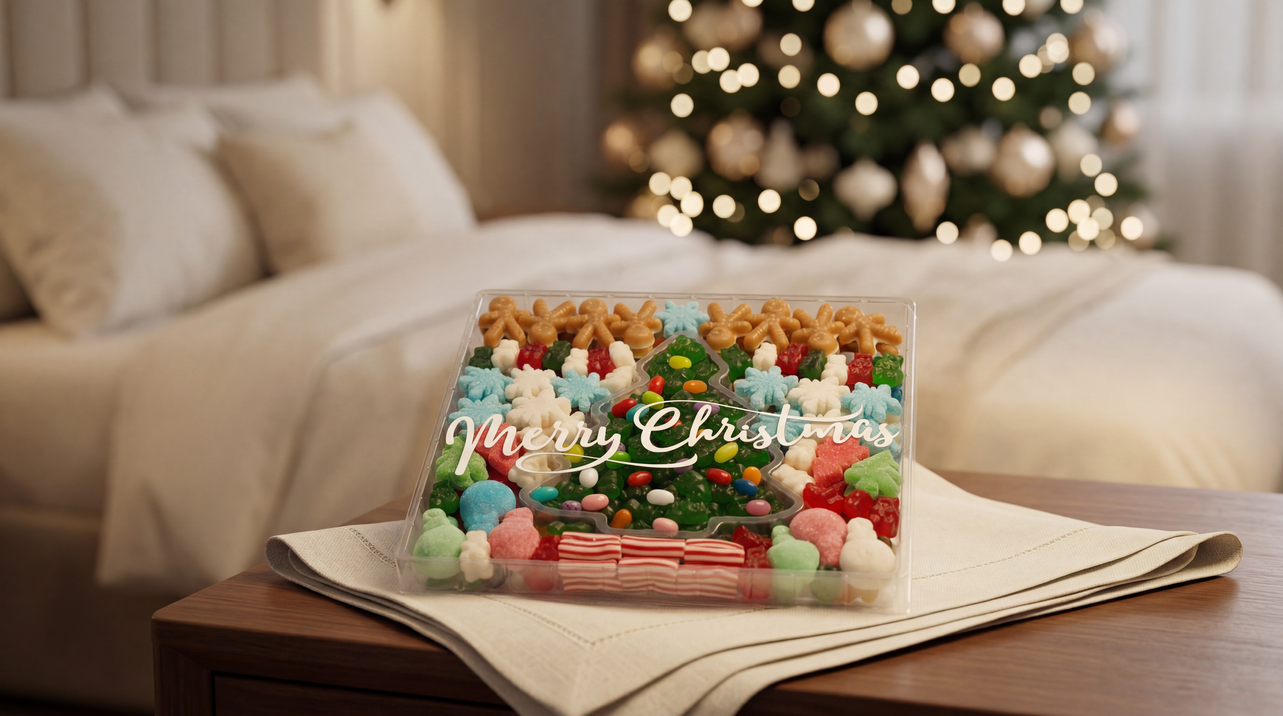 A assorted candy platter in a Christmas setting.