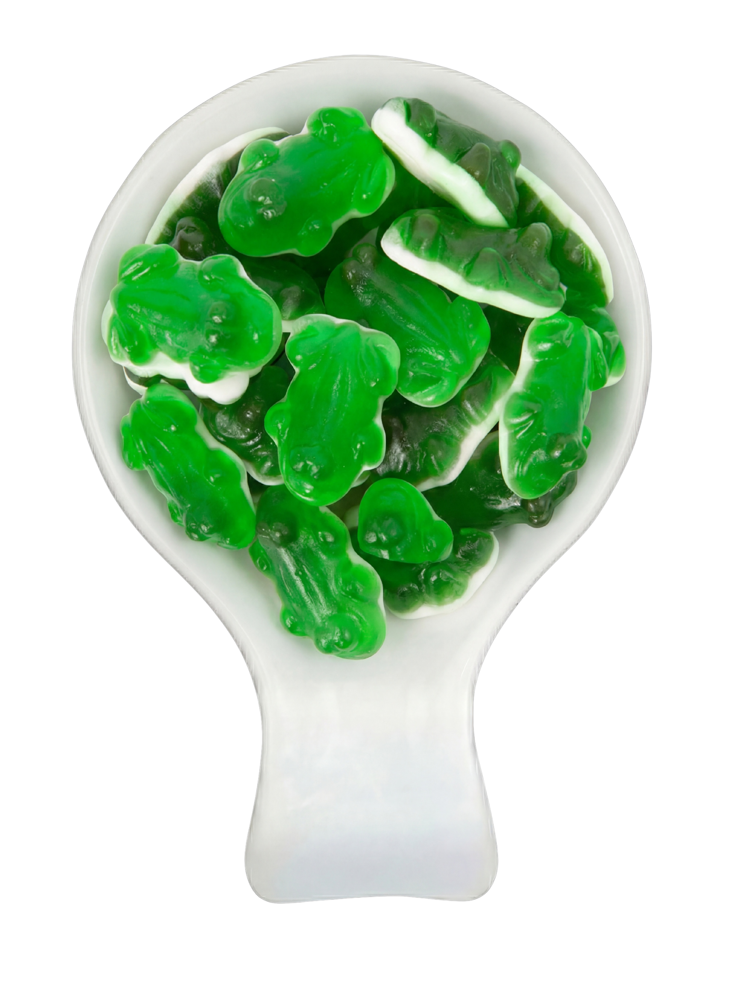 Green gummy bear candies in a white spoon against a black background.