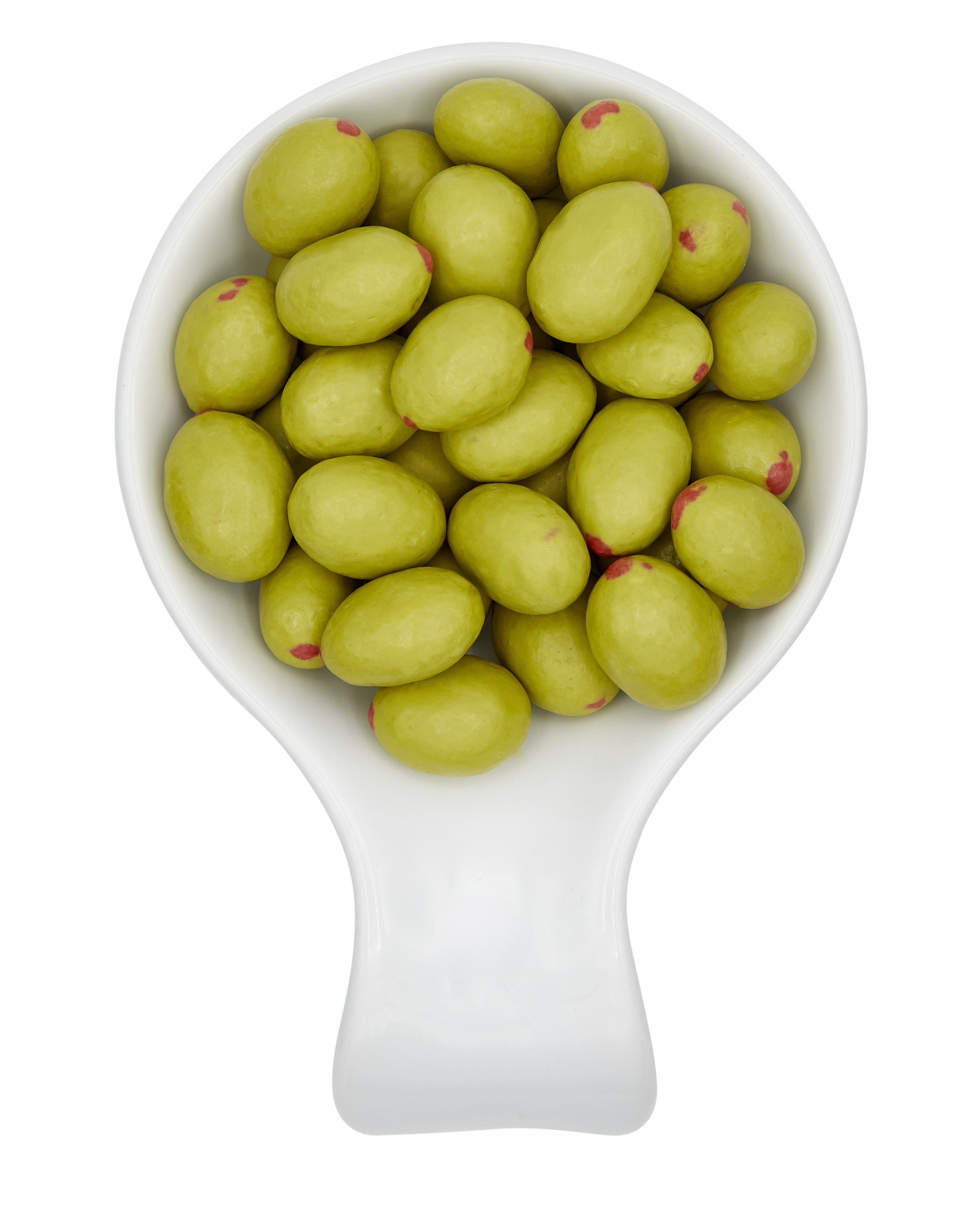 Cocktail olives in a white bowl.