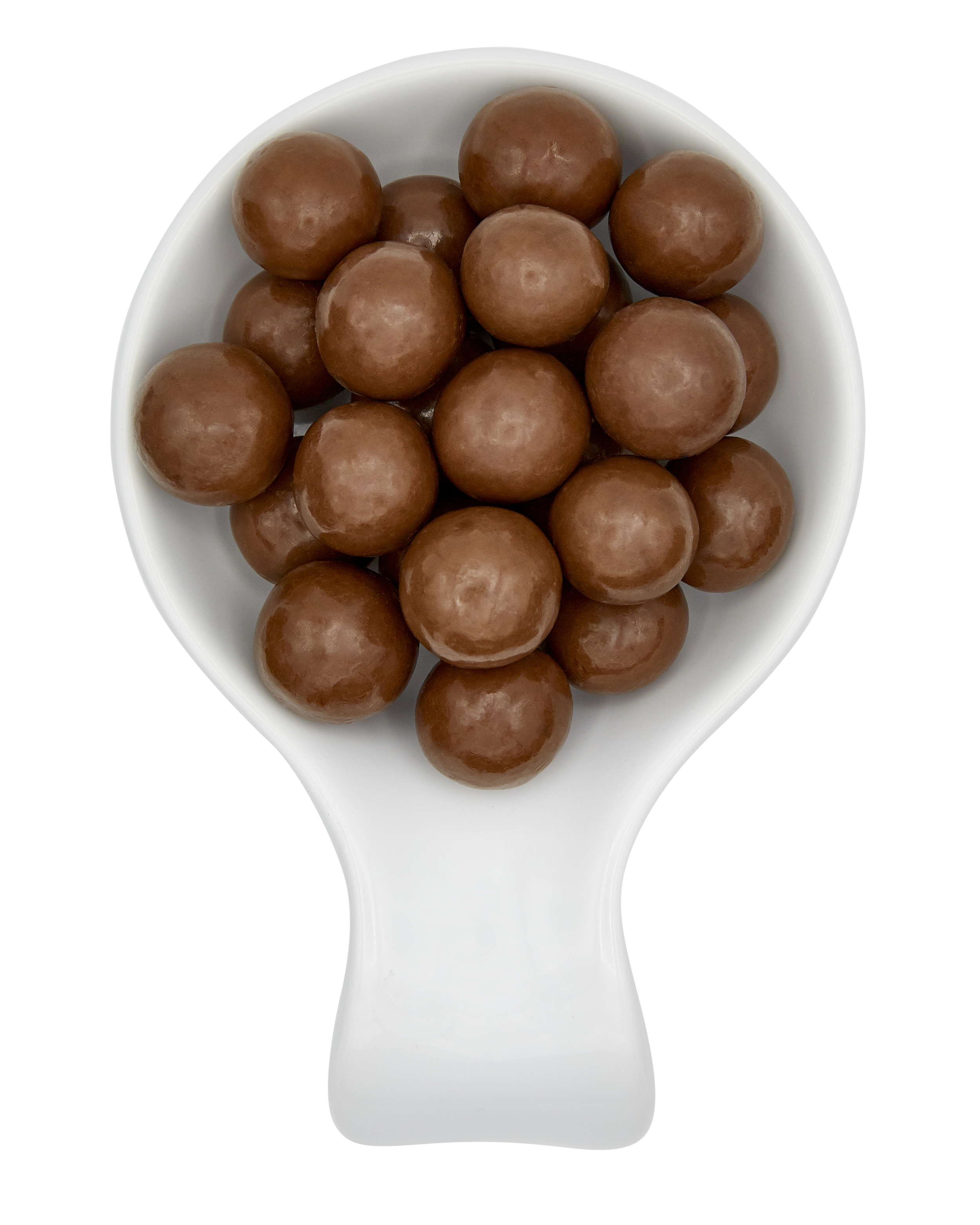 Brown candy or chocolate-coated candies in a white scoop