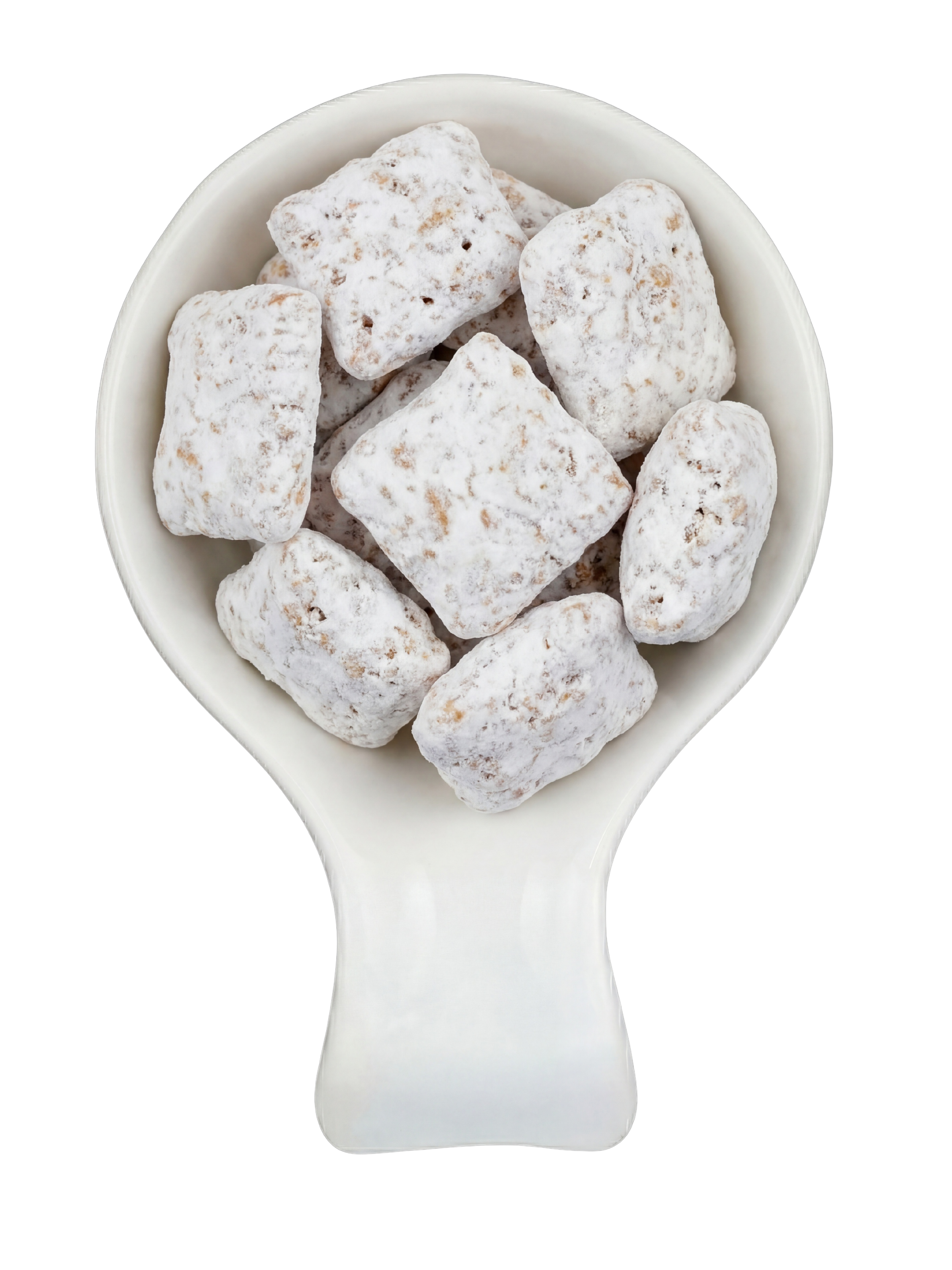 Close-up of a white ceramic spoon filled with powdered sugar-covered candy, set against a black background.