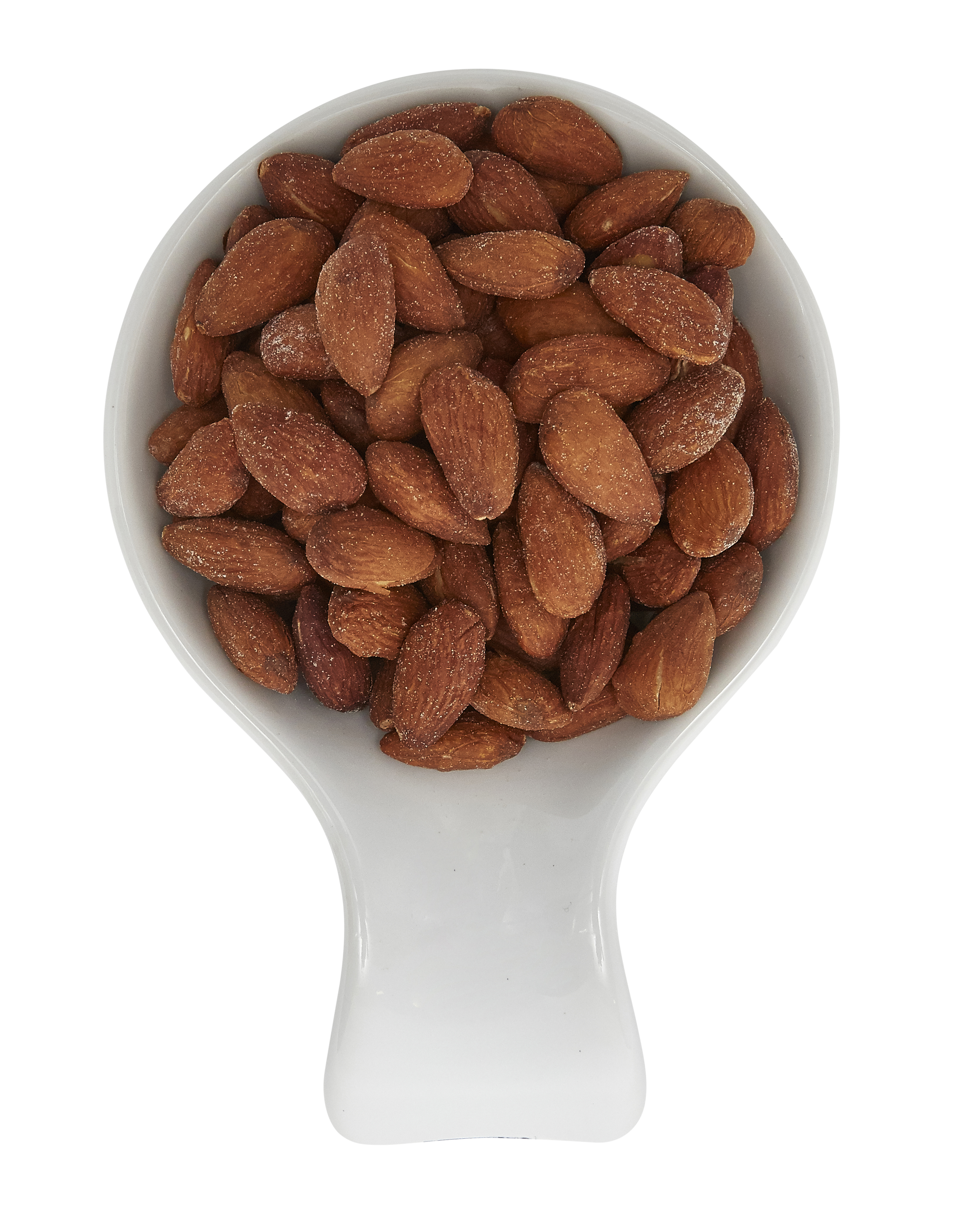 Roasted almonds in a white bowl.