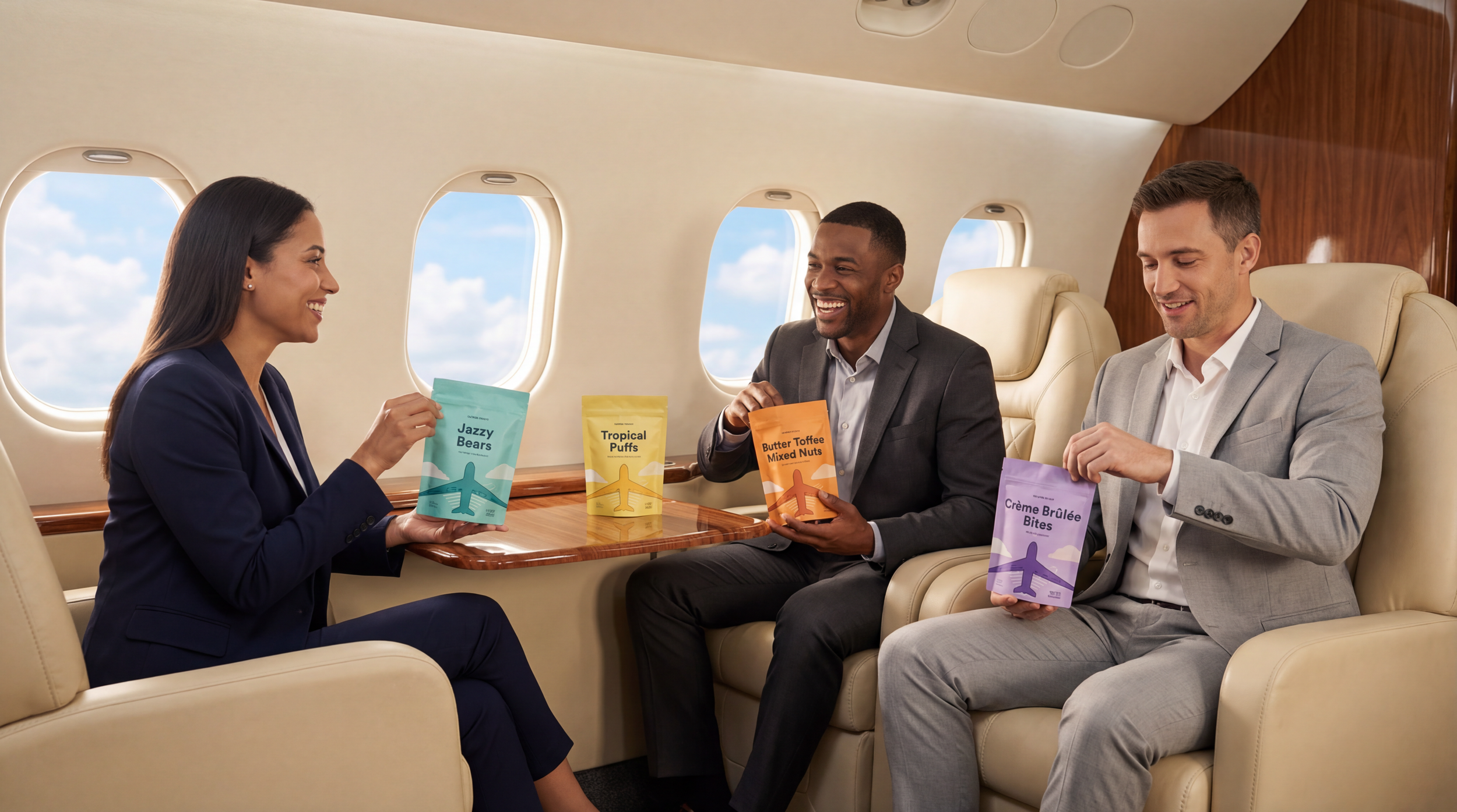 Three business professionals sitting inside an airplane, smiling and holding bags of snacks with various flavors on the tray table between them.