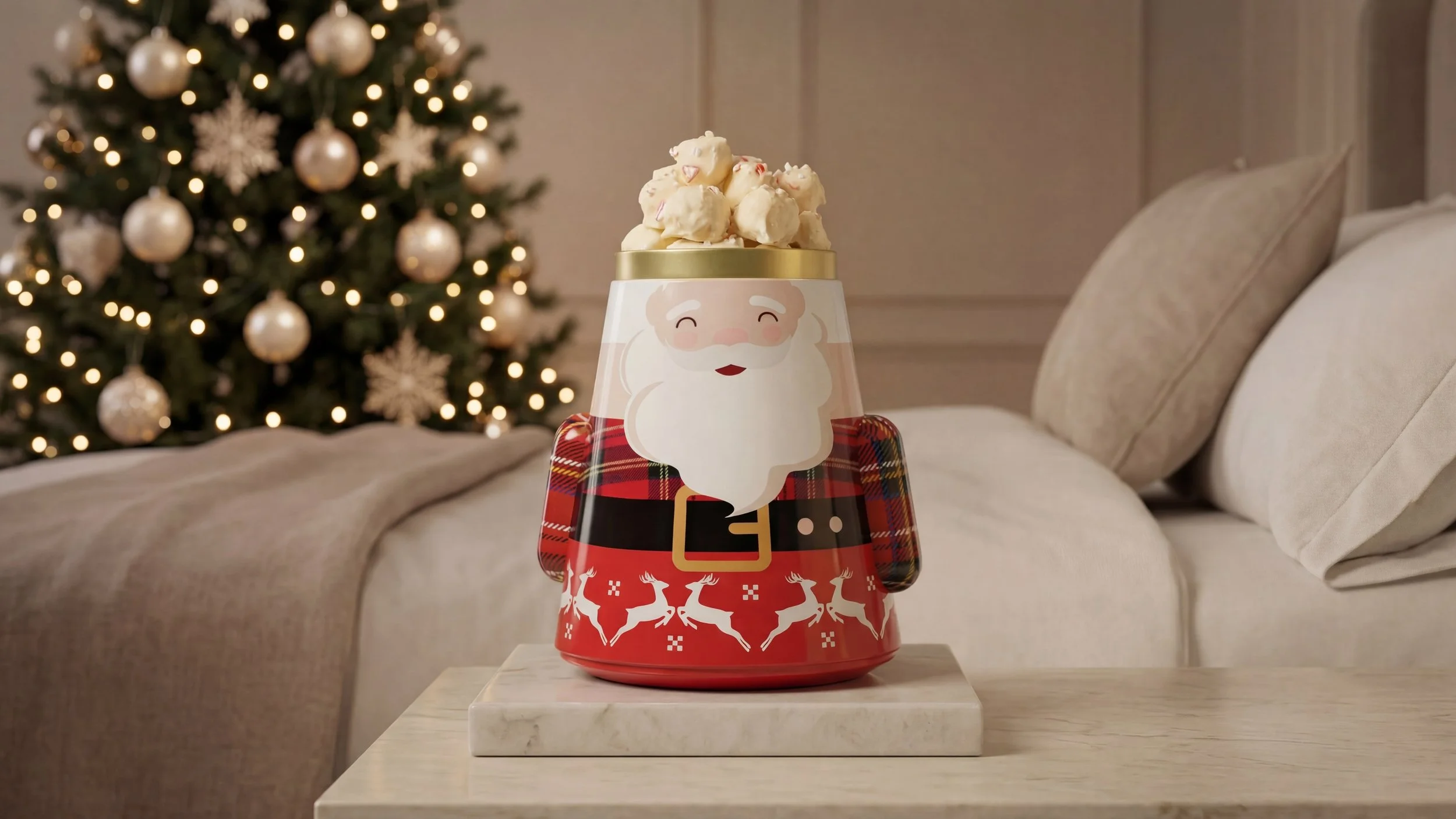	
A santa popcorn filled tin in a Christmas setting.