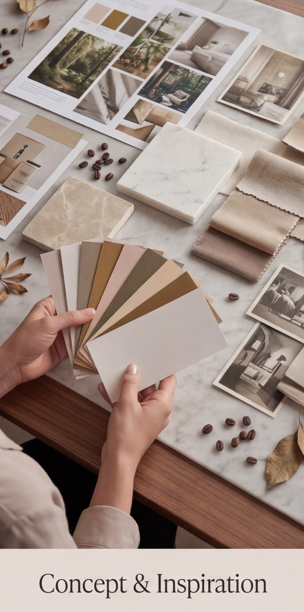 A person holding color samples and inspiration images for interior design, with fabric swatches, photographs, and design boards on a table labeled "Concept & Inspiration."