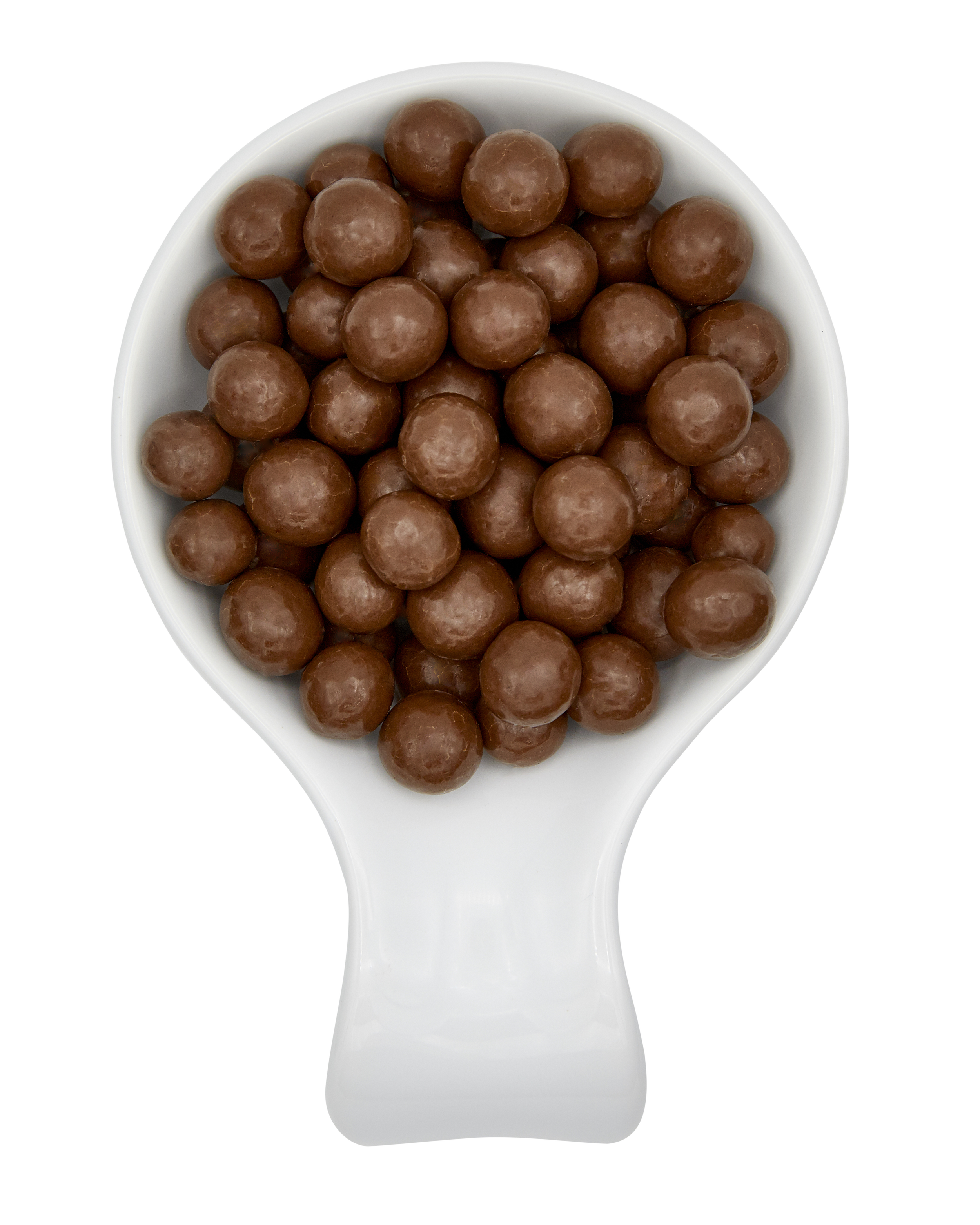 A white scoop filled with small round chocolate candies.
