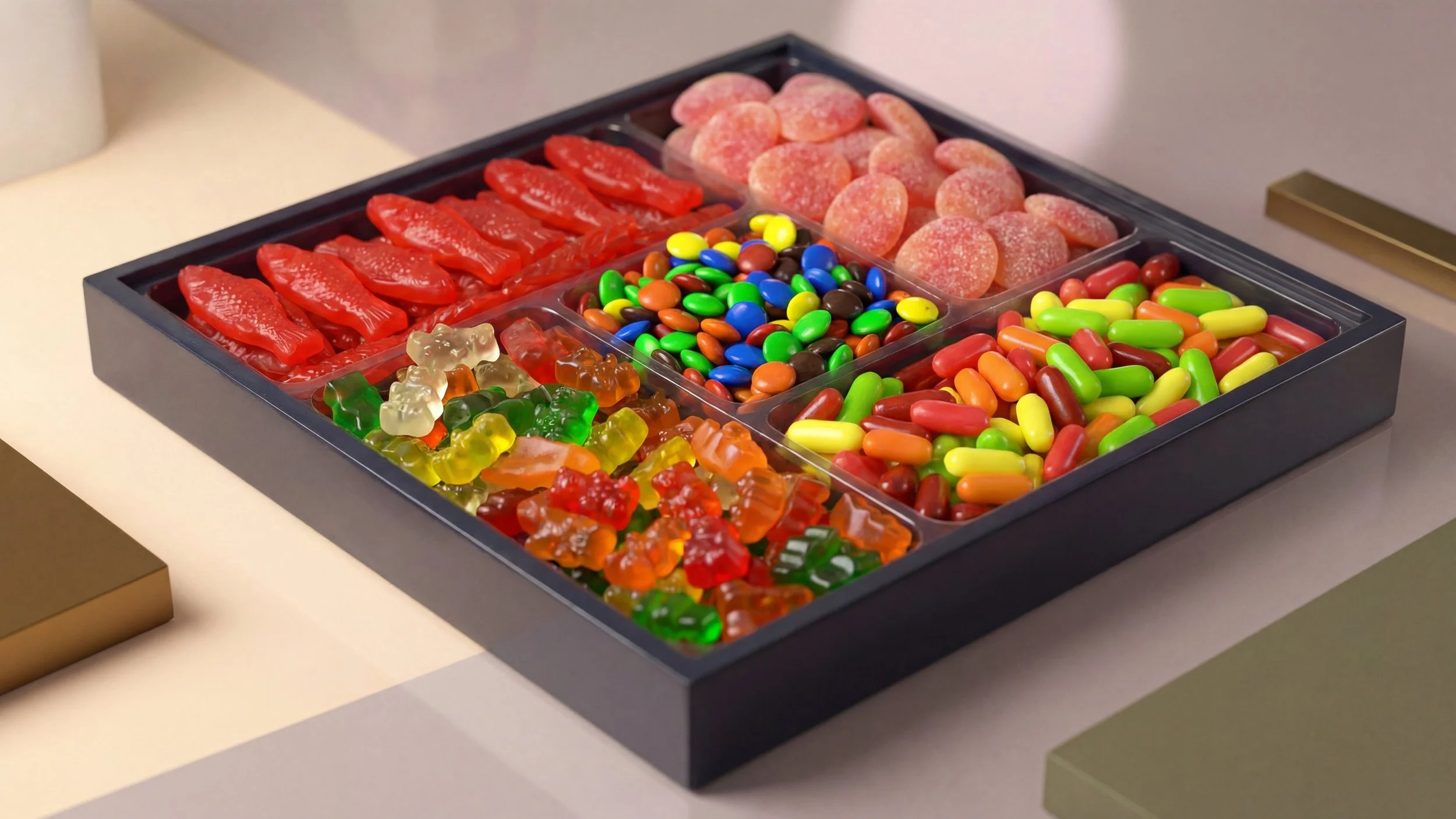 A black tray with compartments filled with various colorful candies, including gummy bears, jelly beans, and peach rings, placed on a light-colored table.