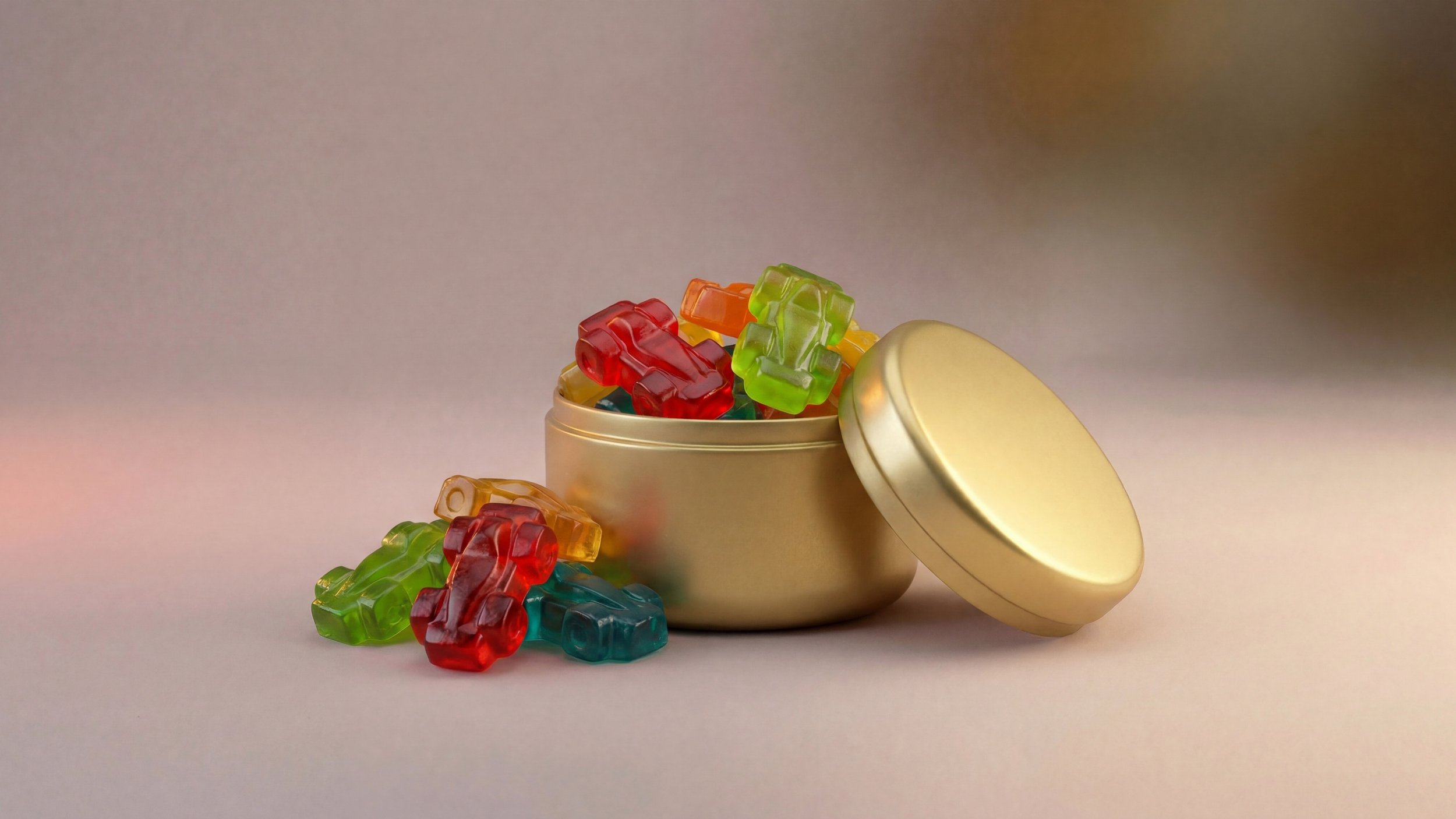 A round, gold-colored container with its lid off, filled with colorful bear-shaped gummy candies spilled onto a smooth surface.