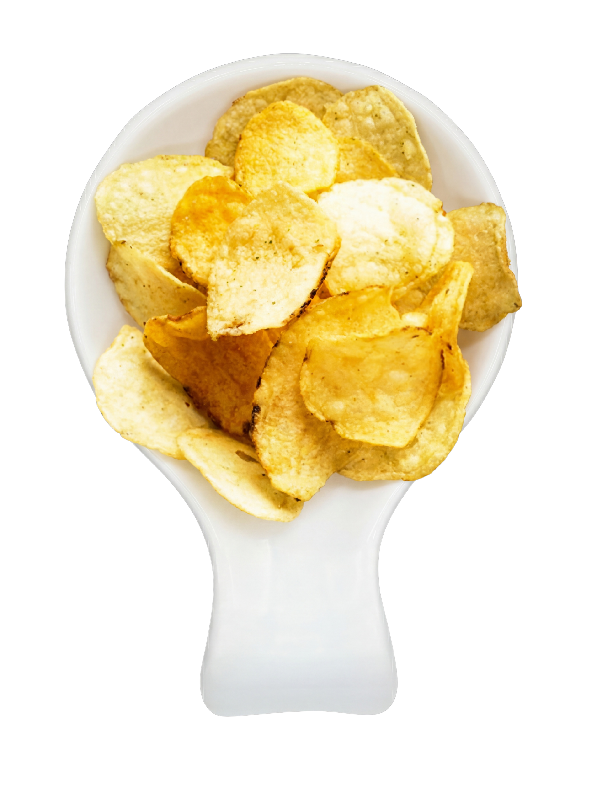 A white spoon filled with assorted potato chips, including original, ridged, and wavy varieties, against a black background.