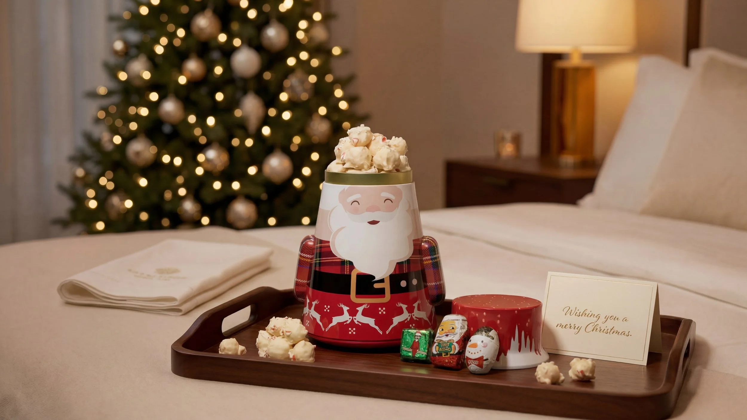 A santa popcorn filled tin in a Christmas setting.