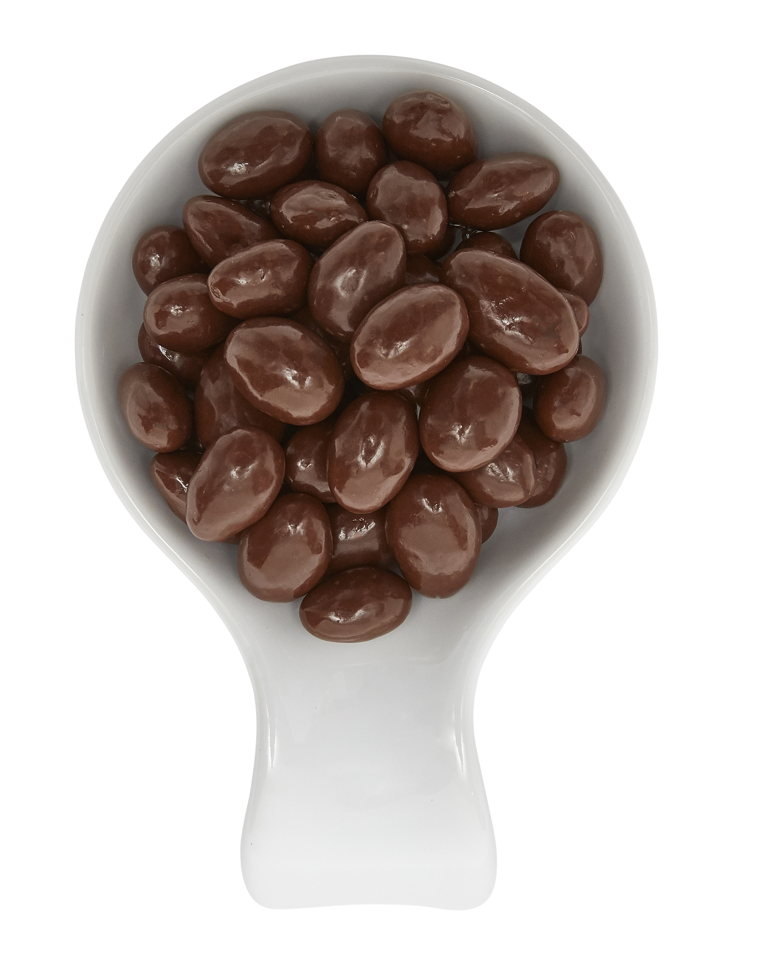 Chocolate-covered almonds in a white measuring scoop against a black and gray background.