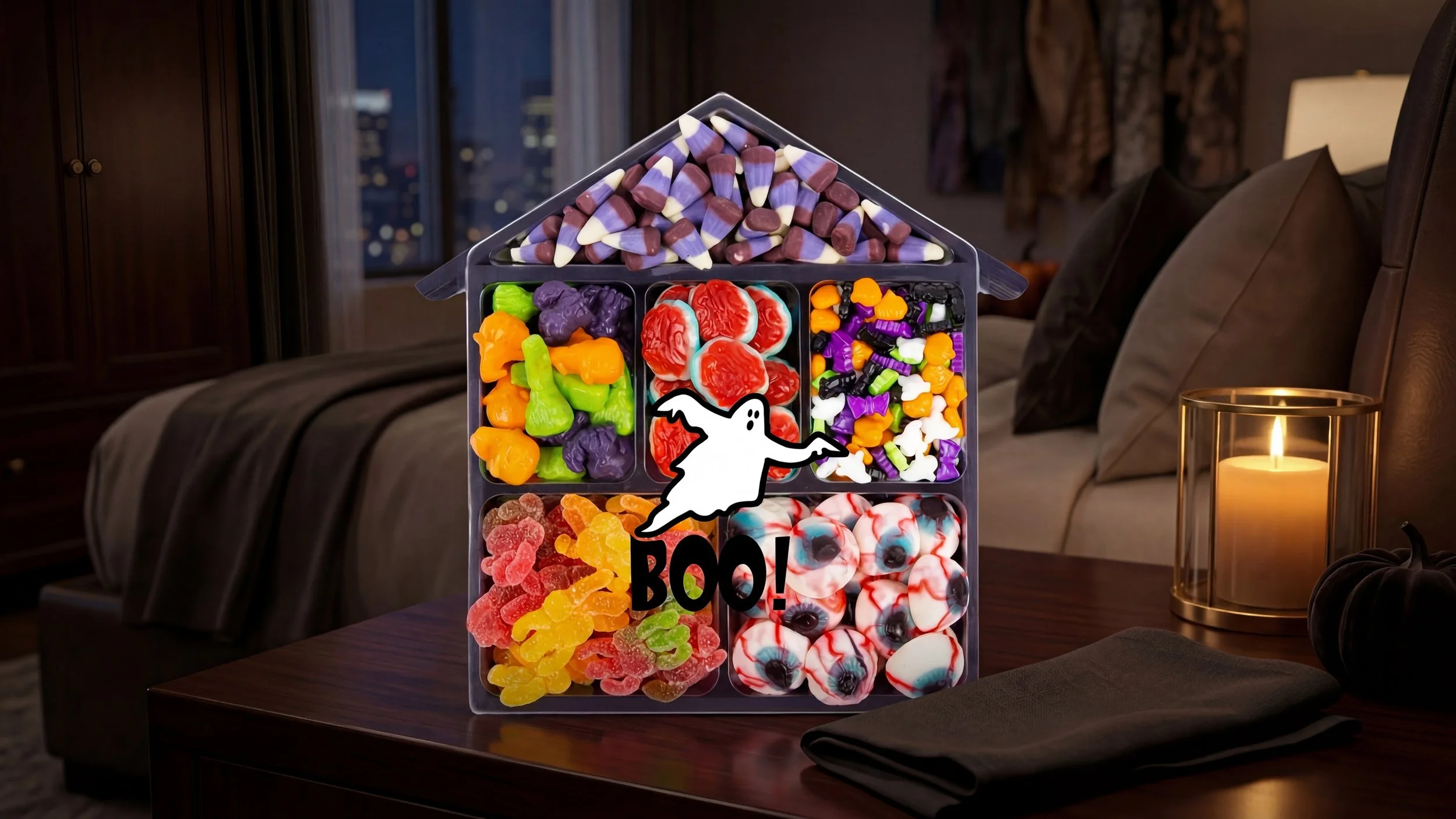 Halloween house with scary candy.