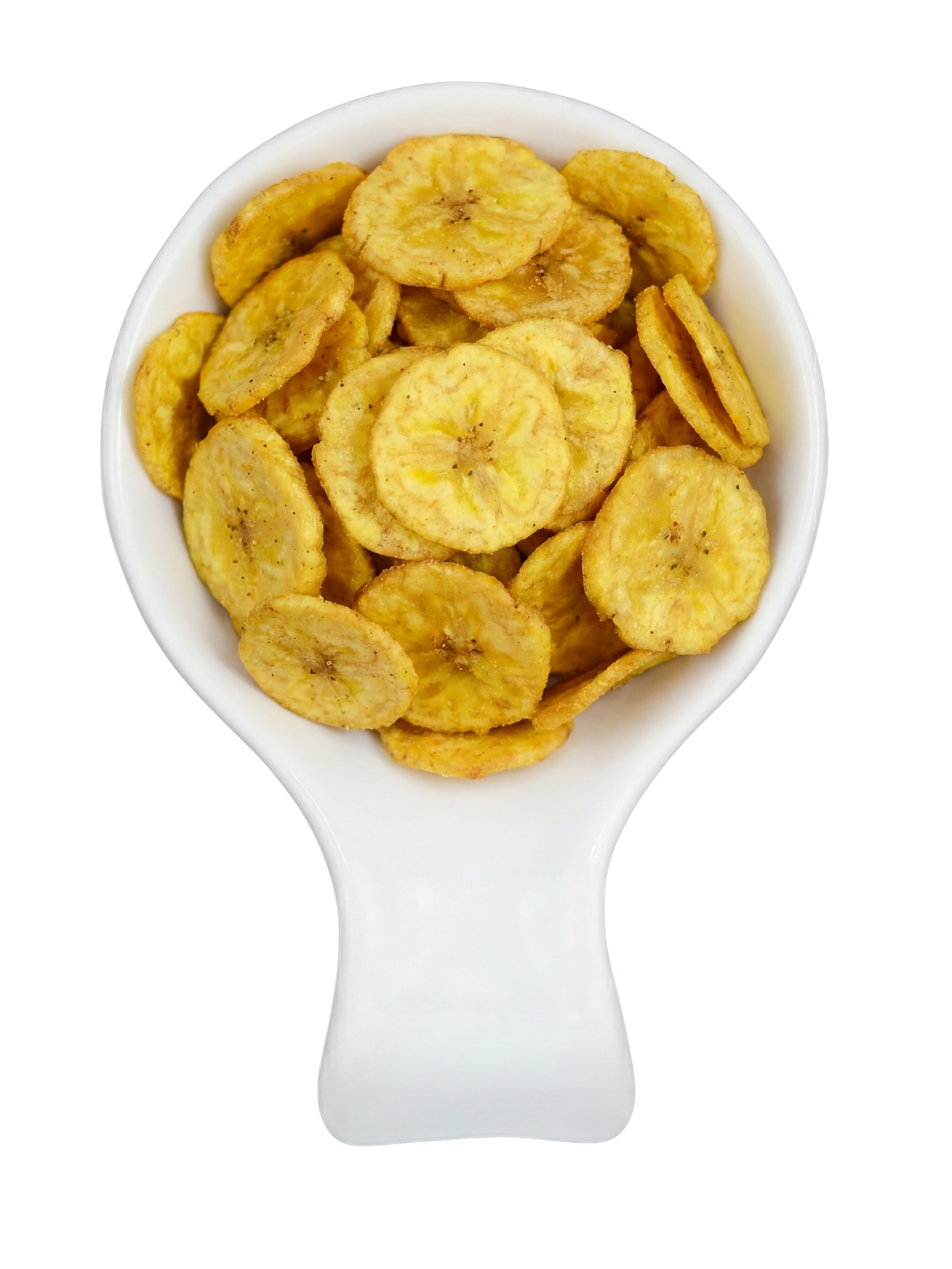 Close-up view of sliced bananas in a white spoon on a black background.
