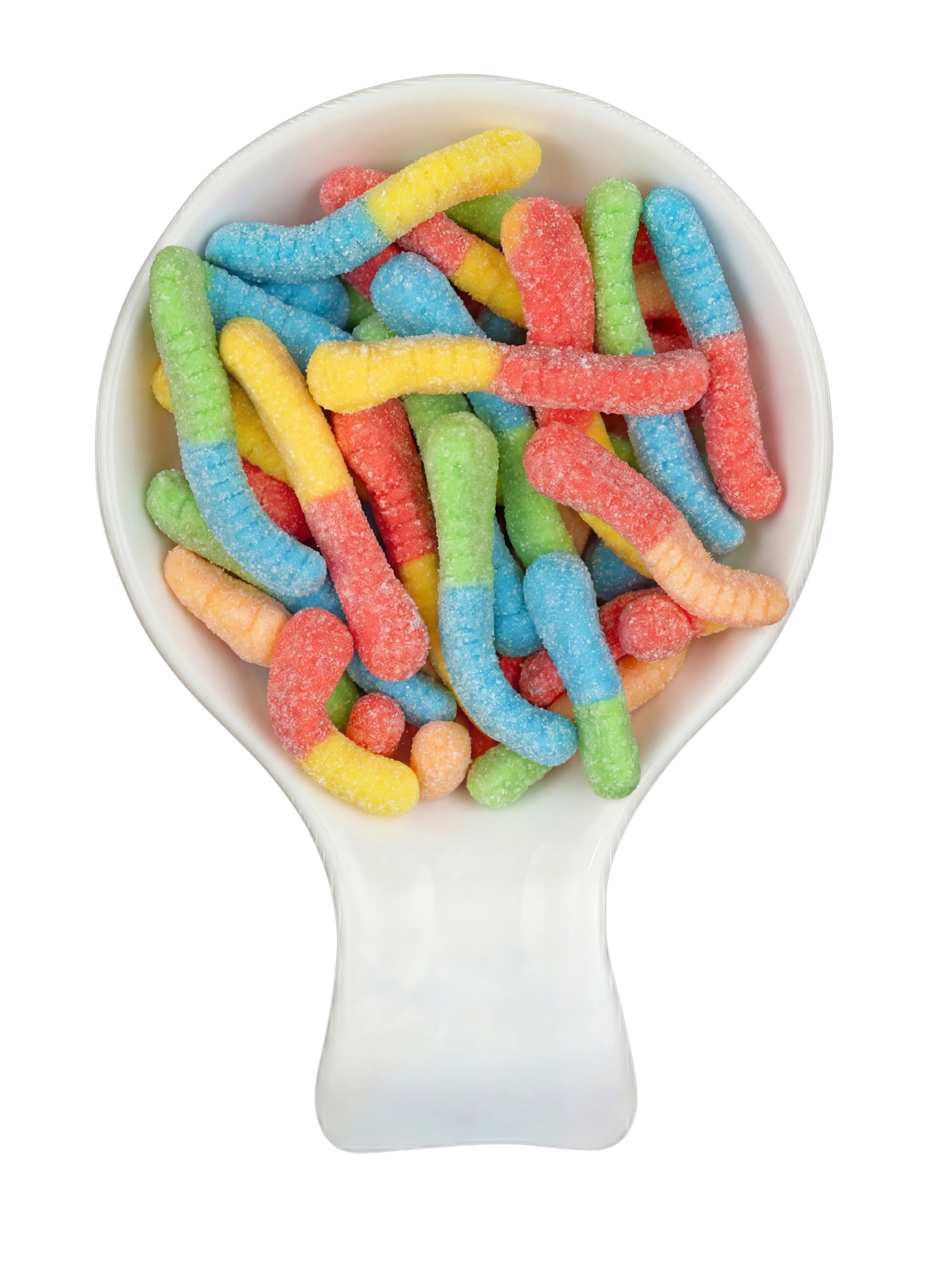 Colorful sour gummy worms in a white spoon on a black background.