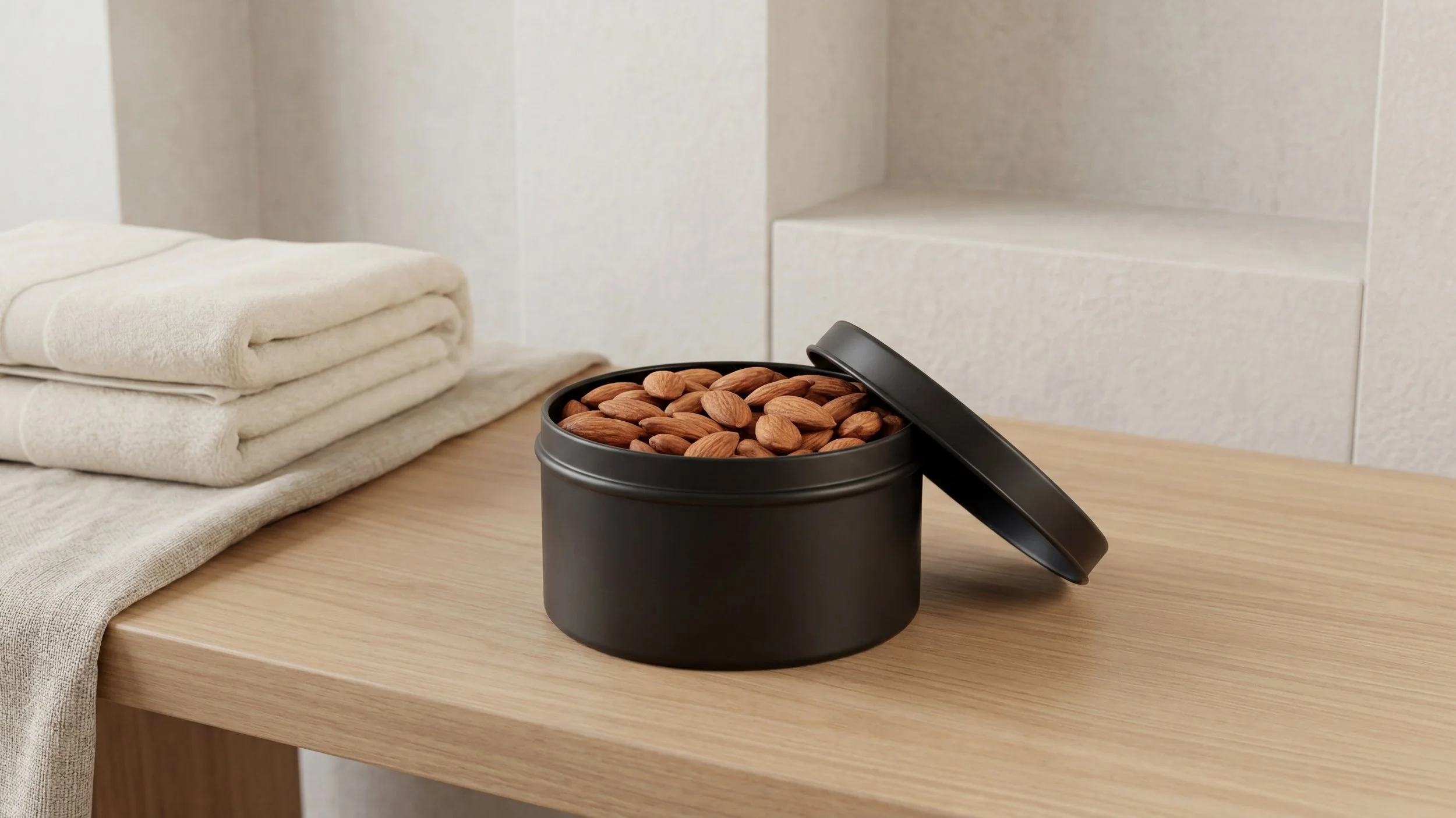 Black round container filled with almonds sitting on a wooden surface with folded towels nearby.