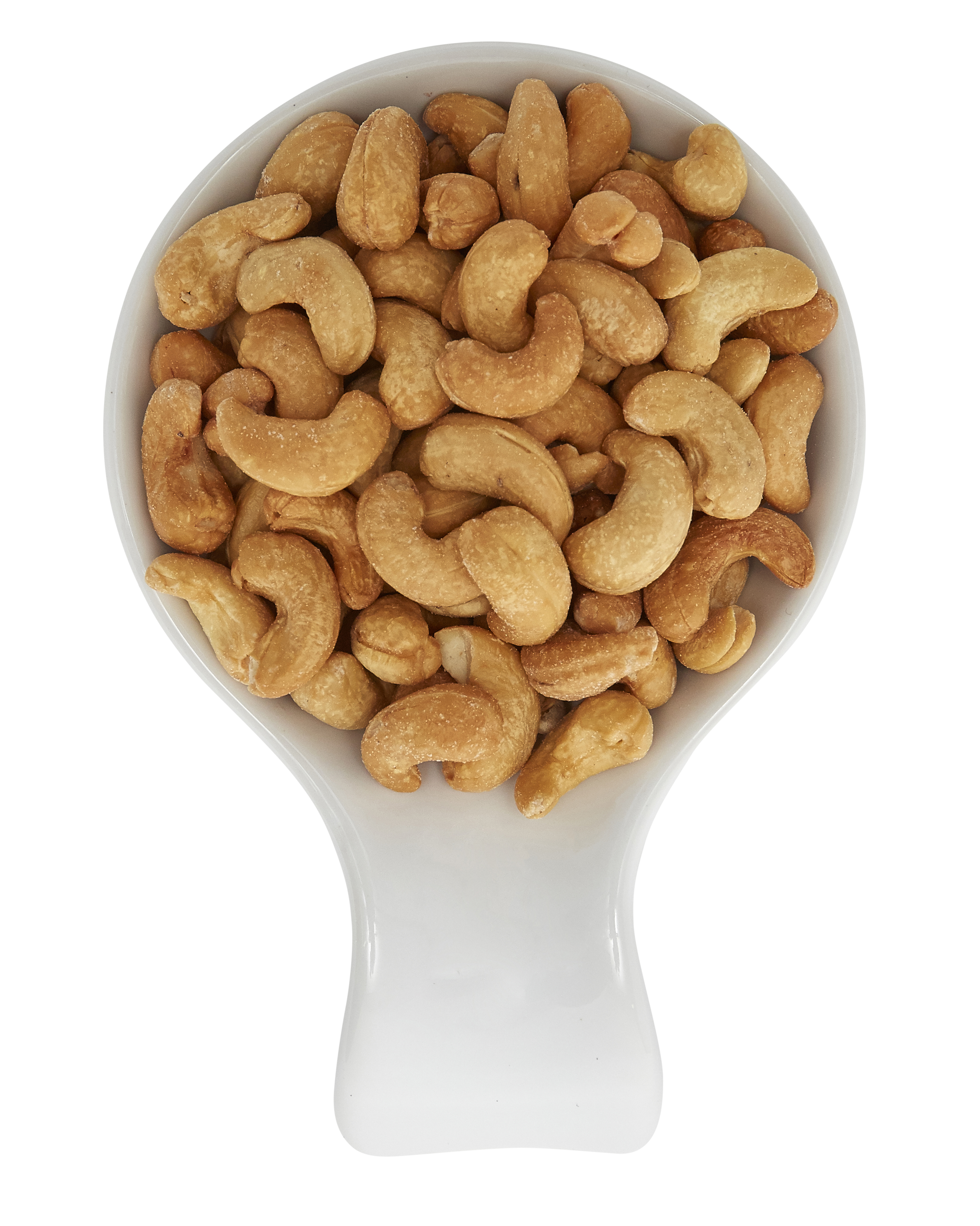 Roasted cashews in a white bowl.