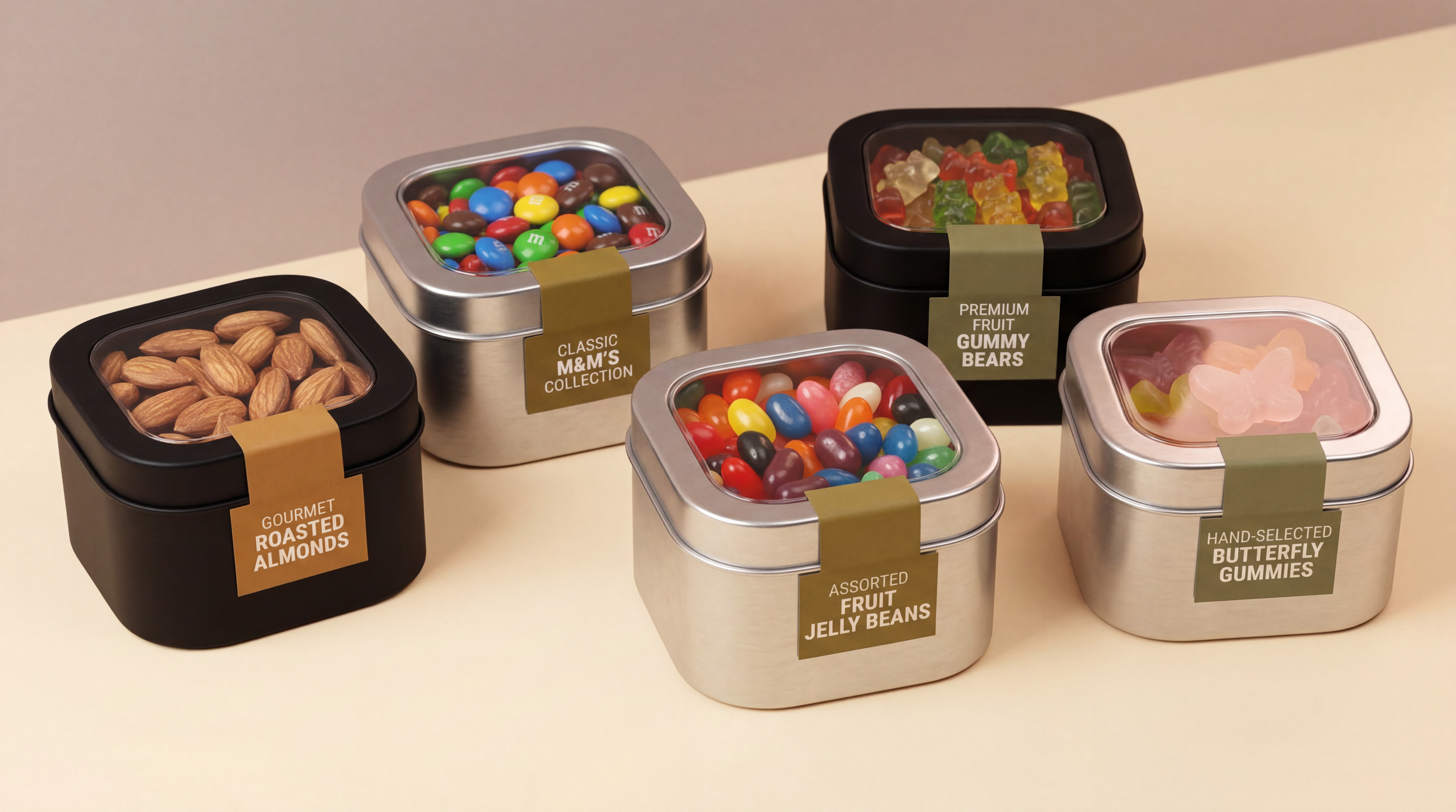 Five small metal and black plastic containers filled with different types of candies and nuts. The containers are labeled: Gourmet Roasted Almonds, Classic M&M's Collection, Assorted Fruit Jelly Beans, Premium Fruit Gummy Bears, Hand-Selected Butterfly Gummies.