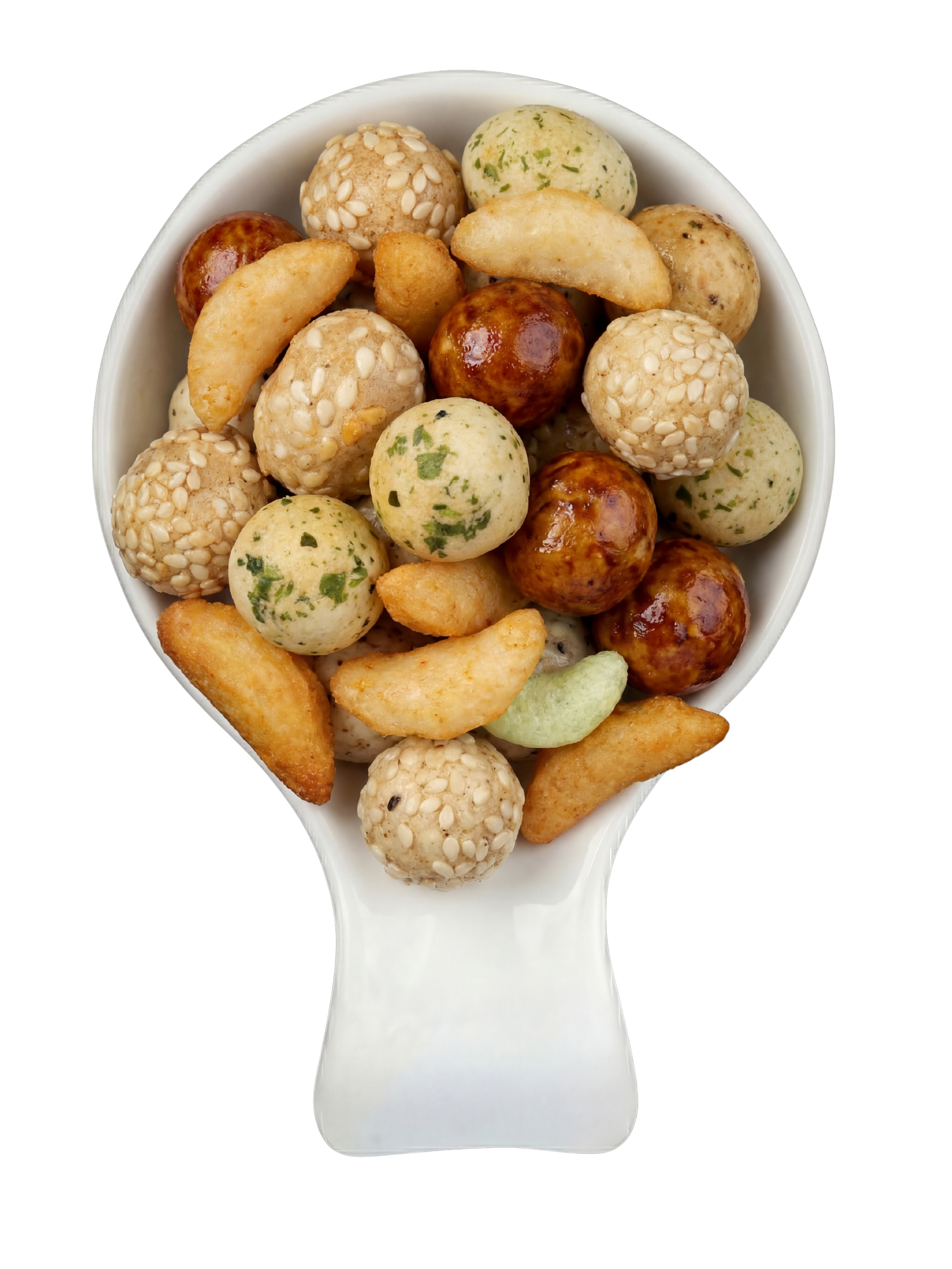 A white spoon filled with various types of colorful round snack balls, some with sesame seeds, herbs, or seasoned coatings, and some resembling fried or baked snacks.