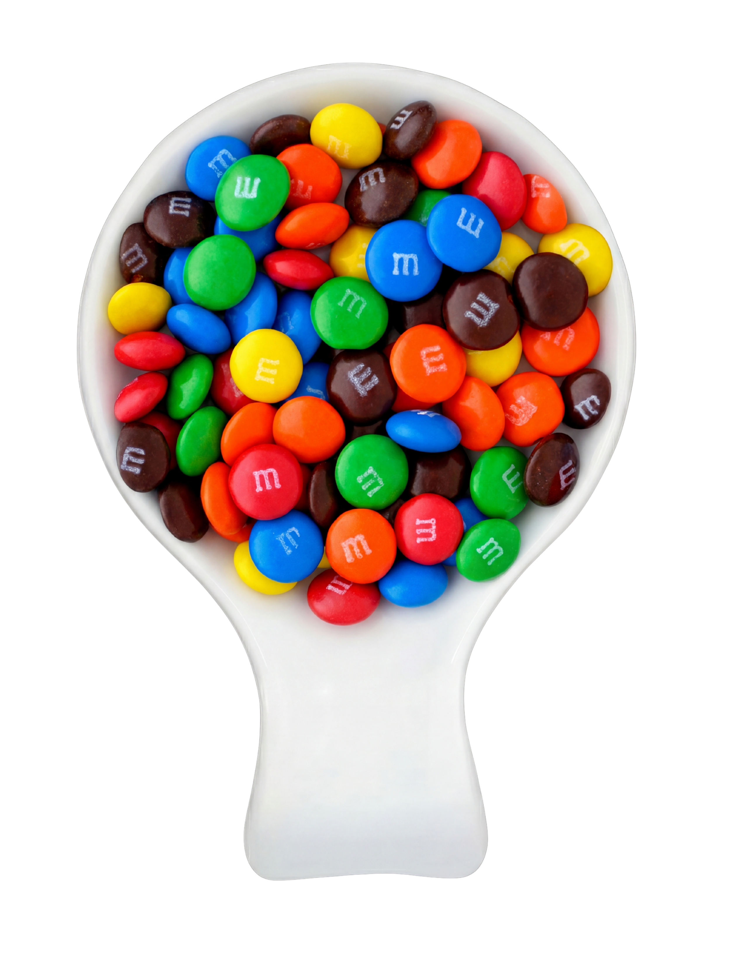 Close-up of a white spoon filled with colorful M&M's candy against a black background.