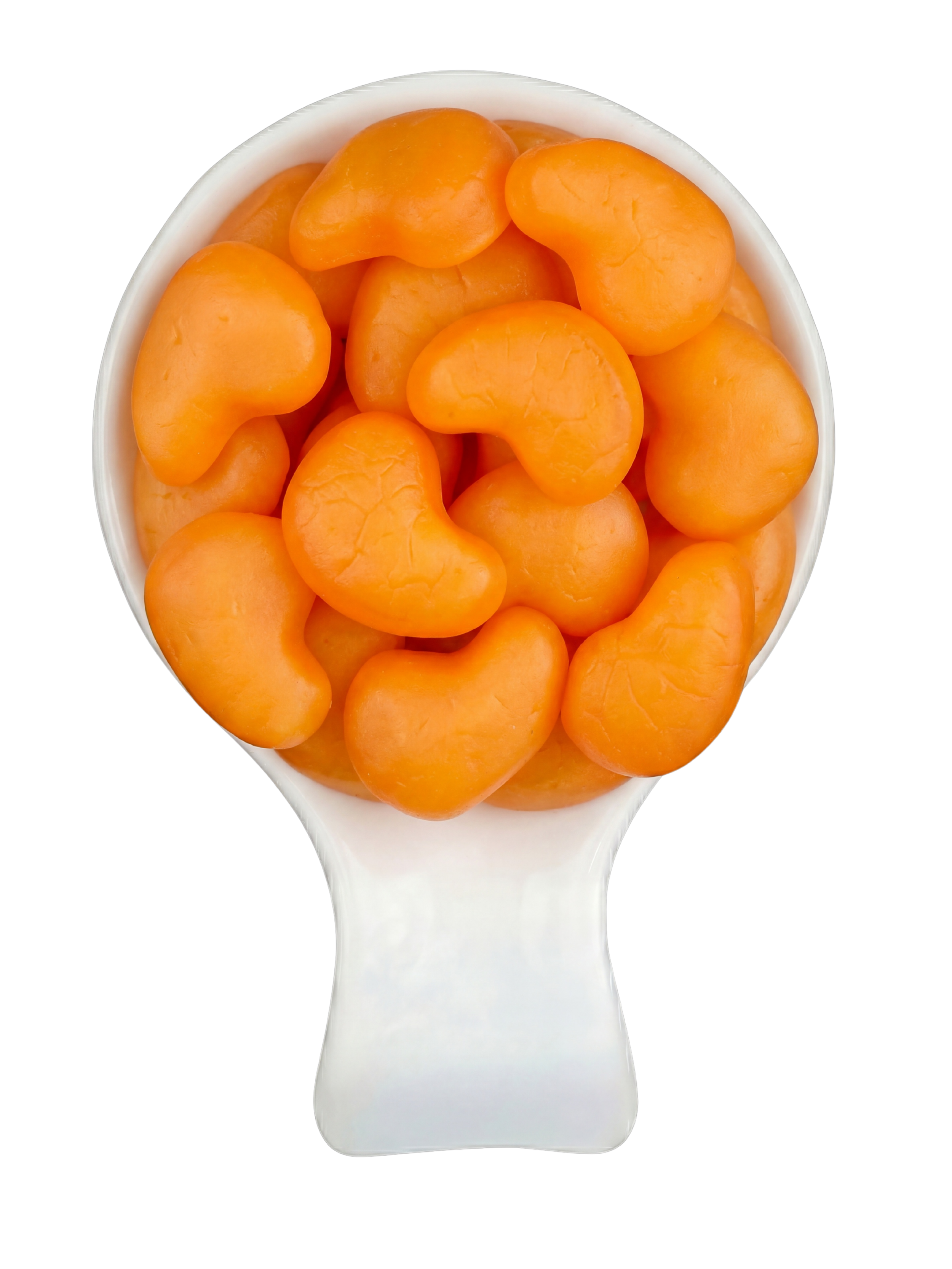 A white spoon filled with orange peeled fruit segments, placed against a black background.