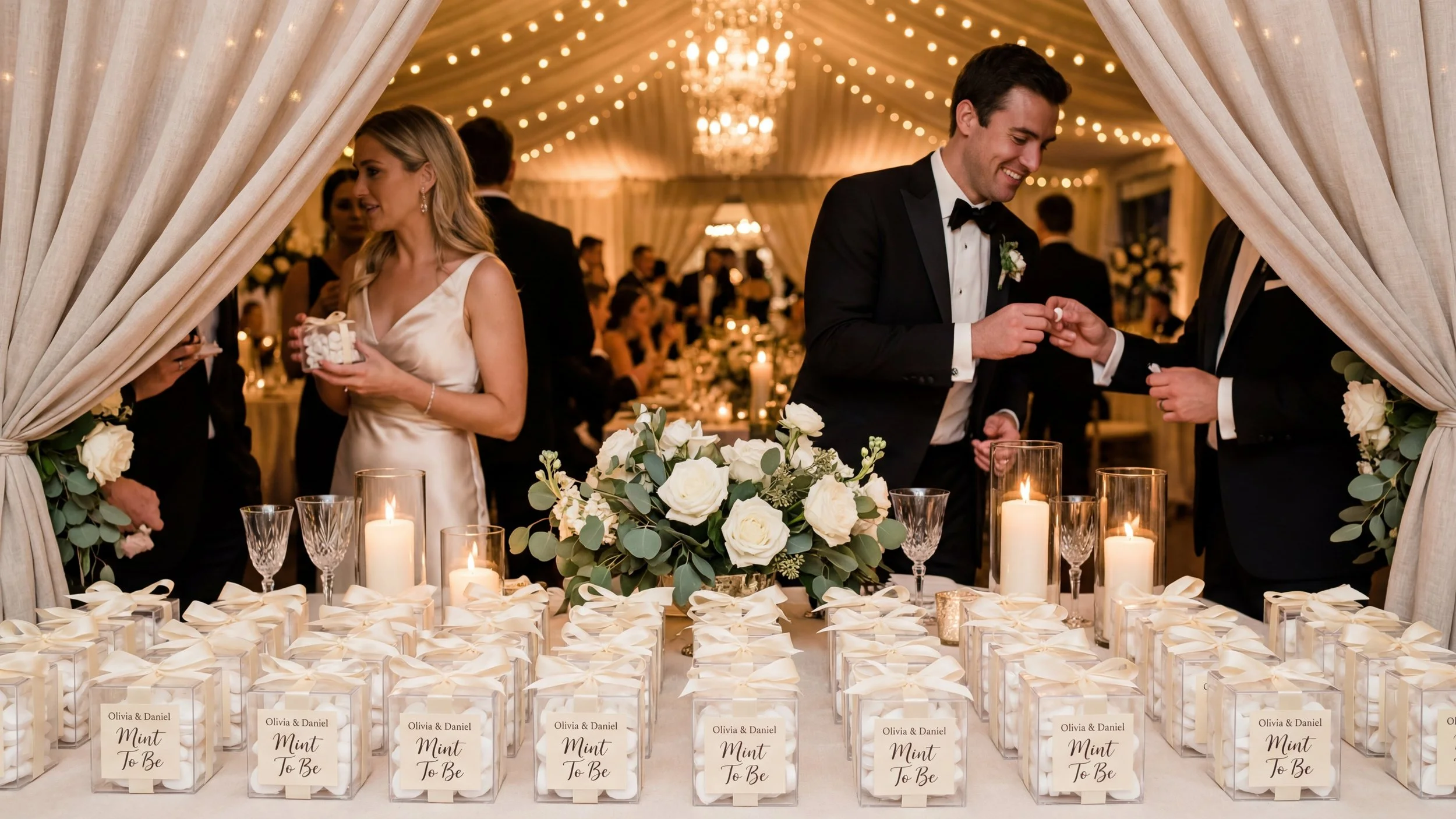 Wedding reception with a table of pink and white gifts labeled "Mint To Be" and wedding couple standing behind, surrounded by guests, candles, flowers, and hanging string lights.