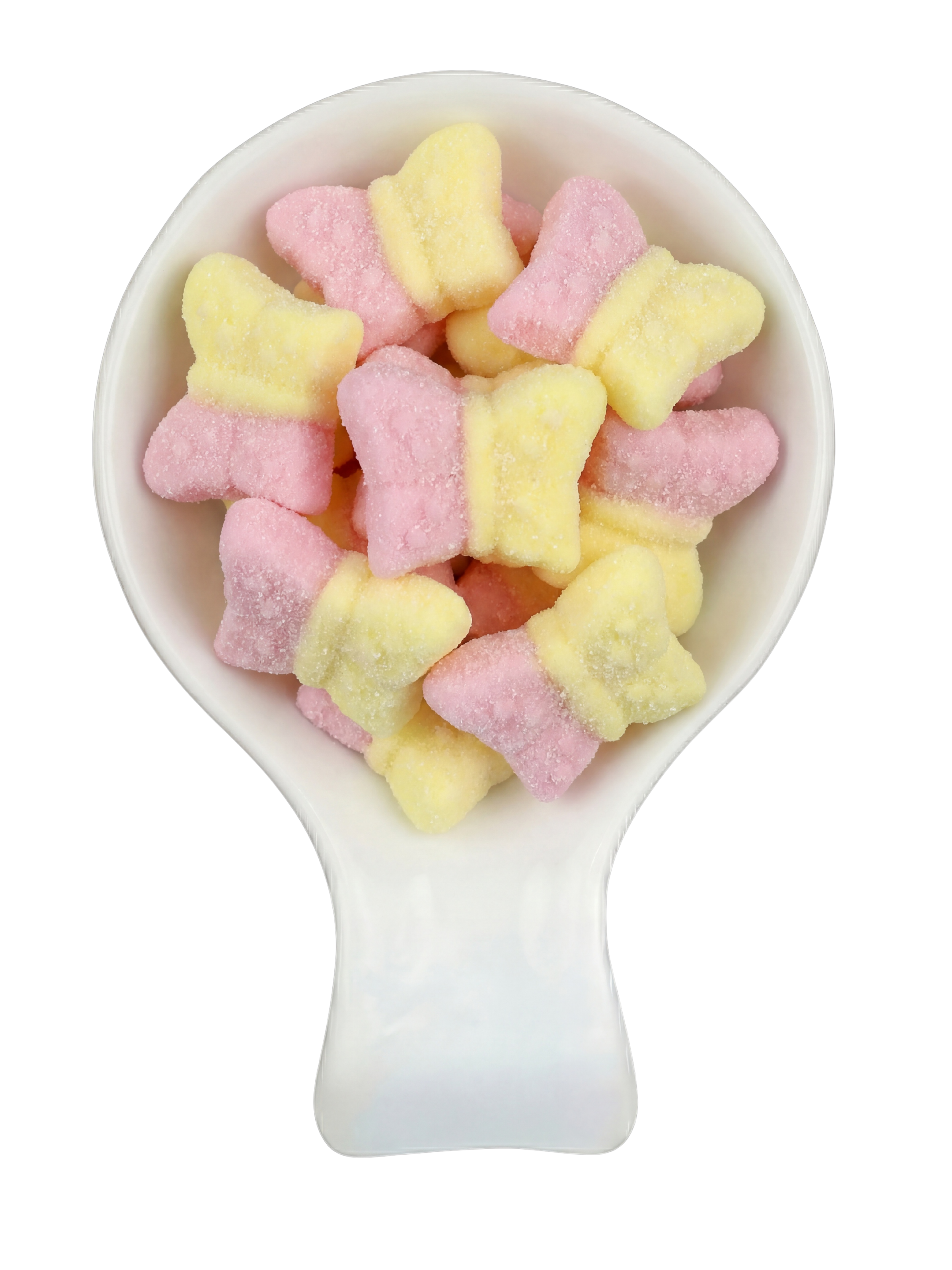 A white spoon filled with pink and yellow sugar-coated gummy bear-shaped candies against a black background.