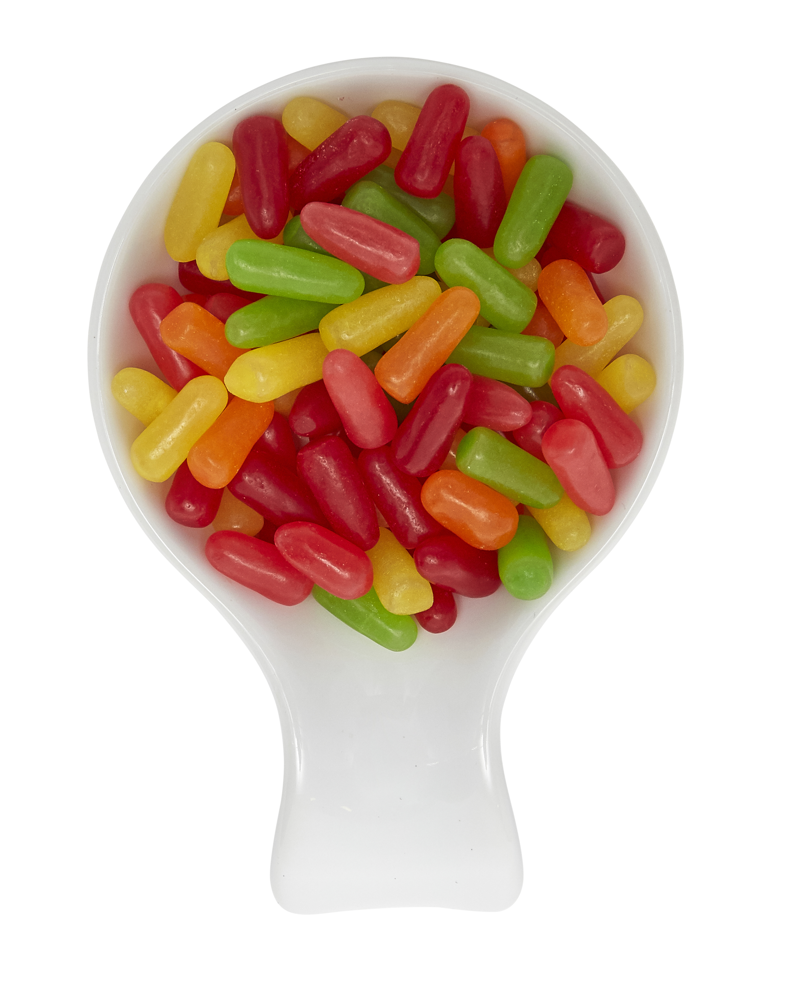 Colorful jelly beans in a white scoop against a black background.