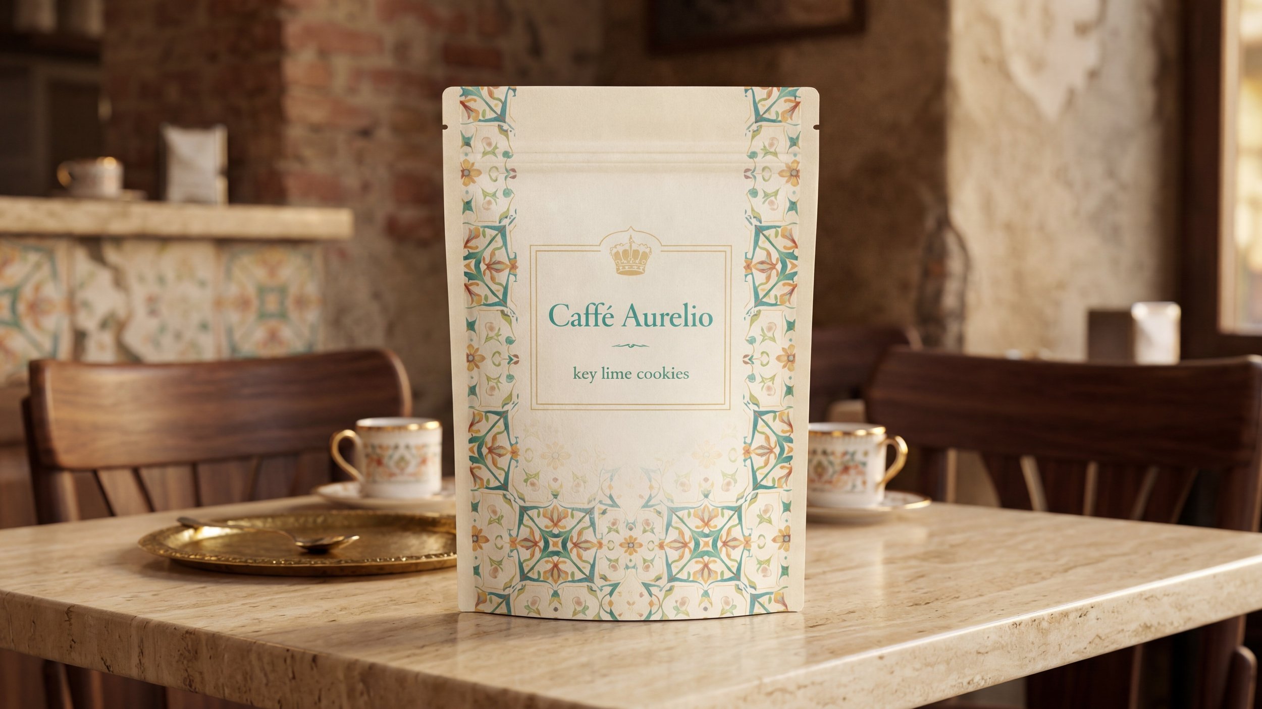 Package of Caffé Aurelio with floral design and text for key lime cookies, placed on a round marble table set with a gold tray and teacups in a rustic cafe with brick wall background.