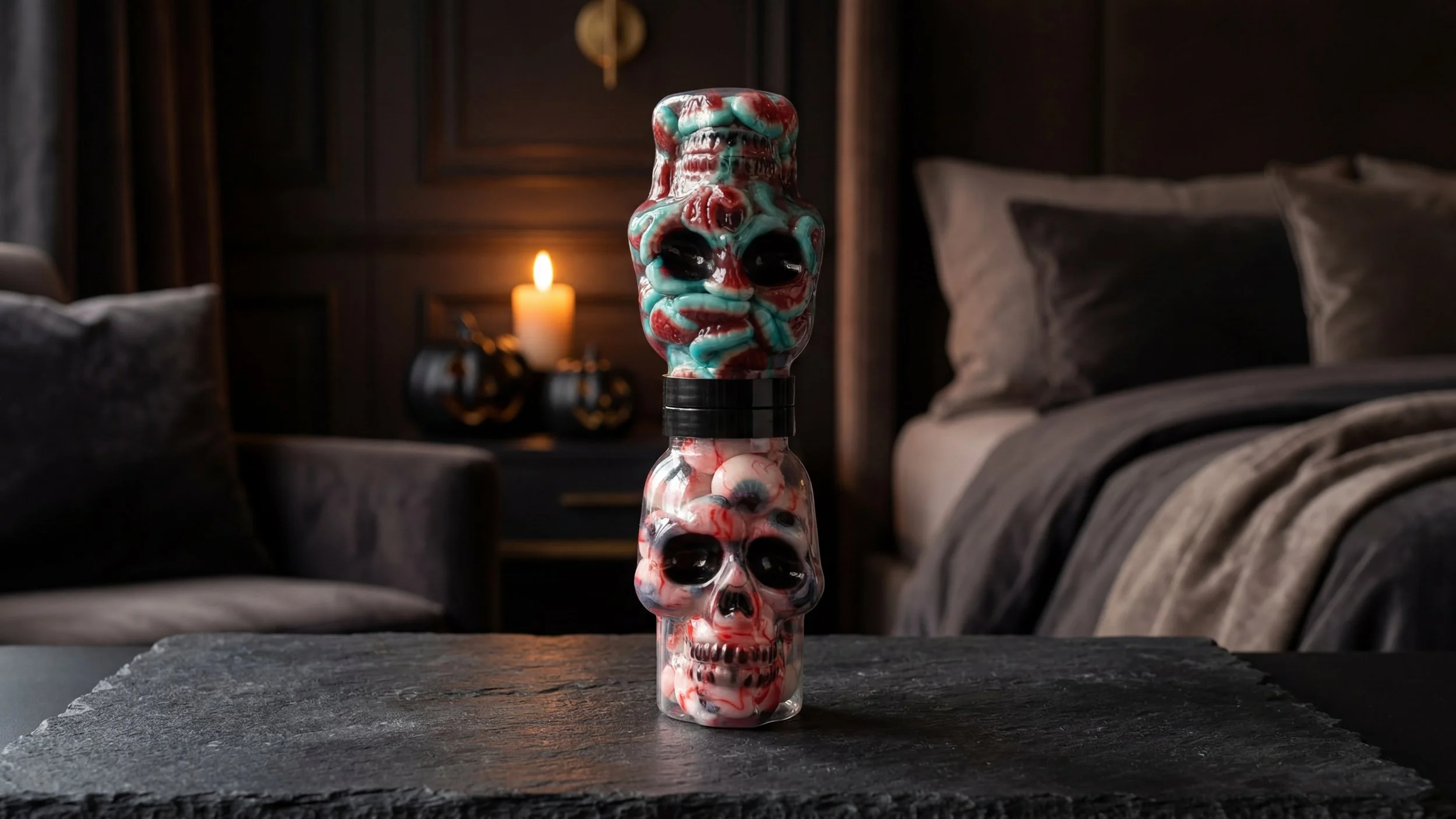 Halloween gummy jars with candy.