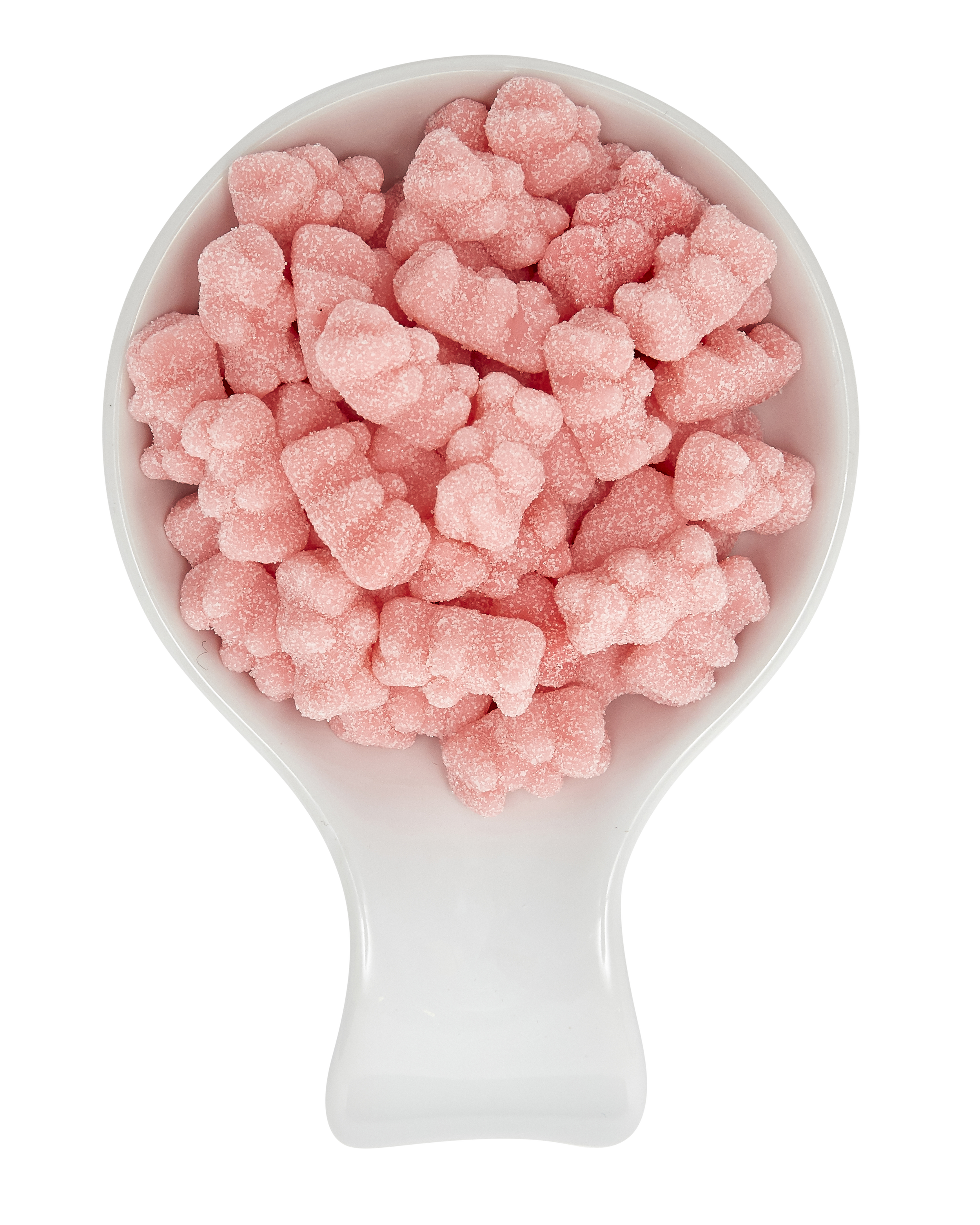Pink frozen gummy candy in a white scoop.