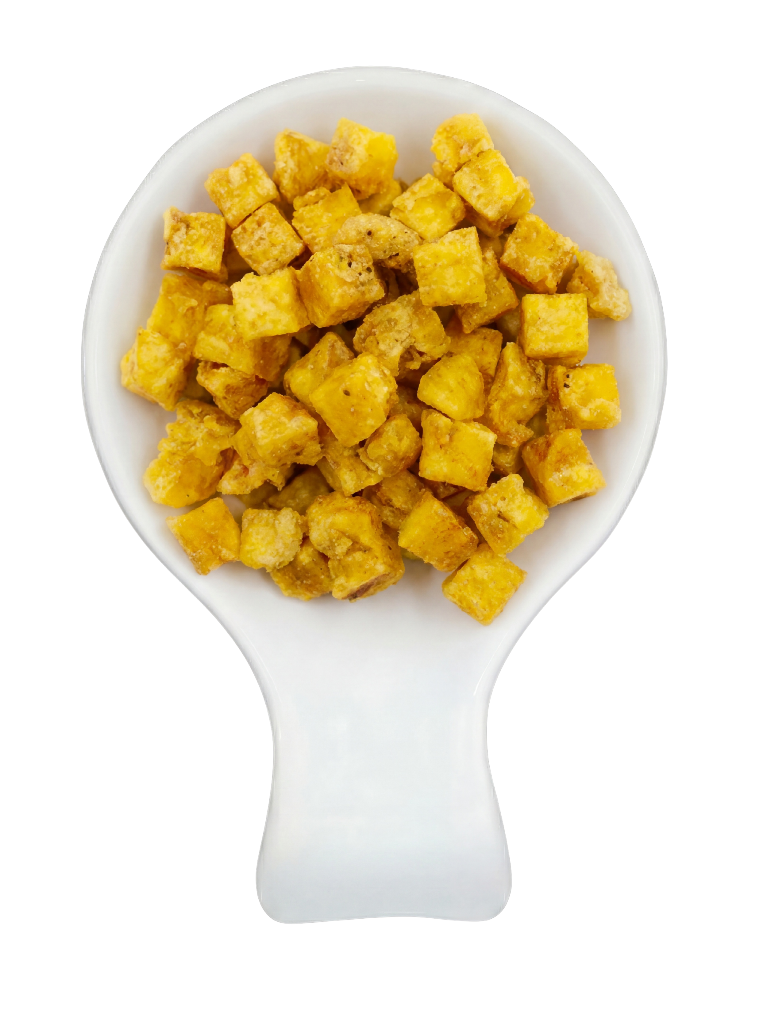 Close-up of fried tofu cubes in a white ceramic spoon against a black background.