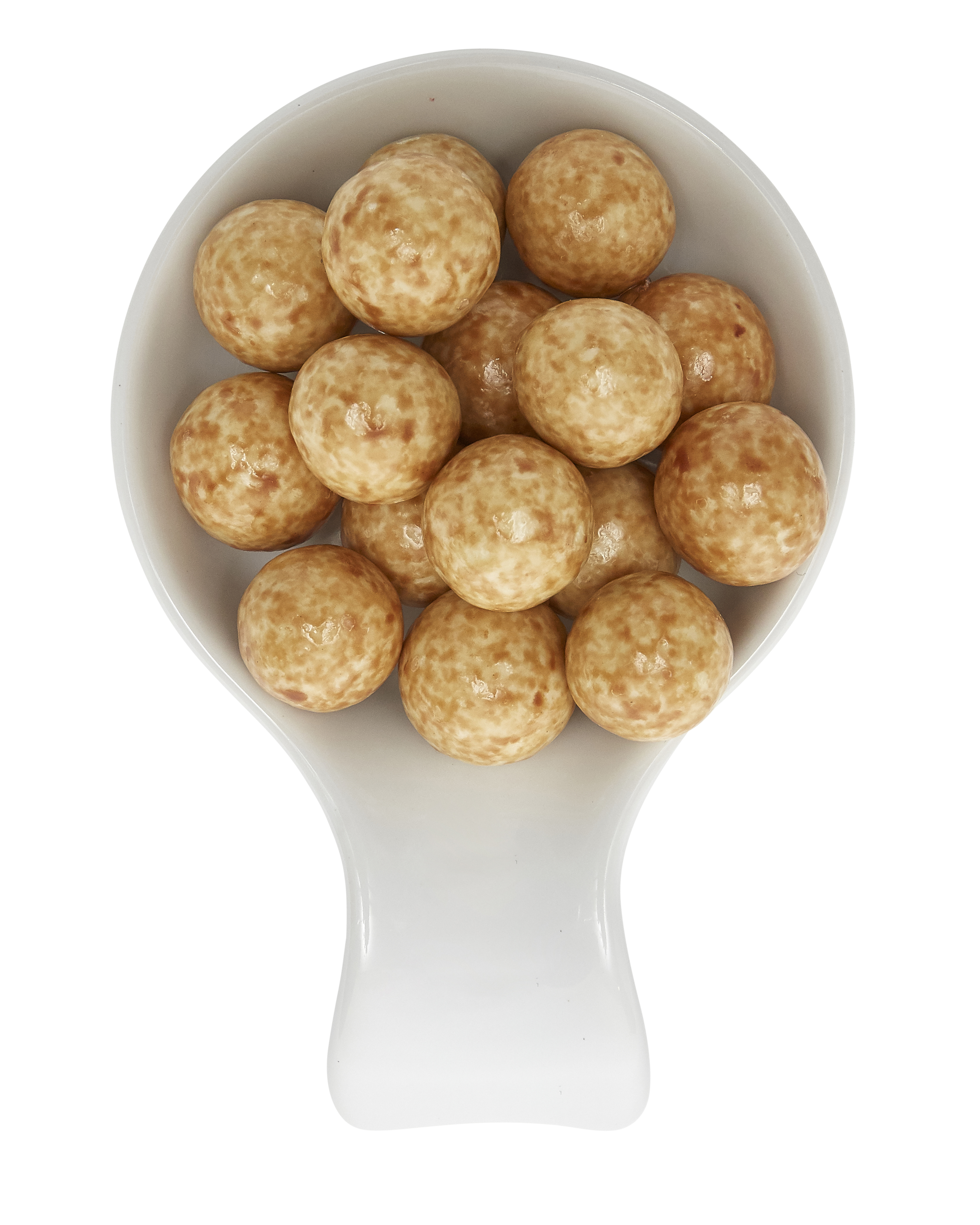 A white scoop filled with round, speckled, beige and brown candies, designed to look like ice cream or snack balls.