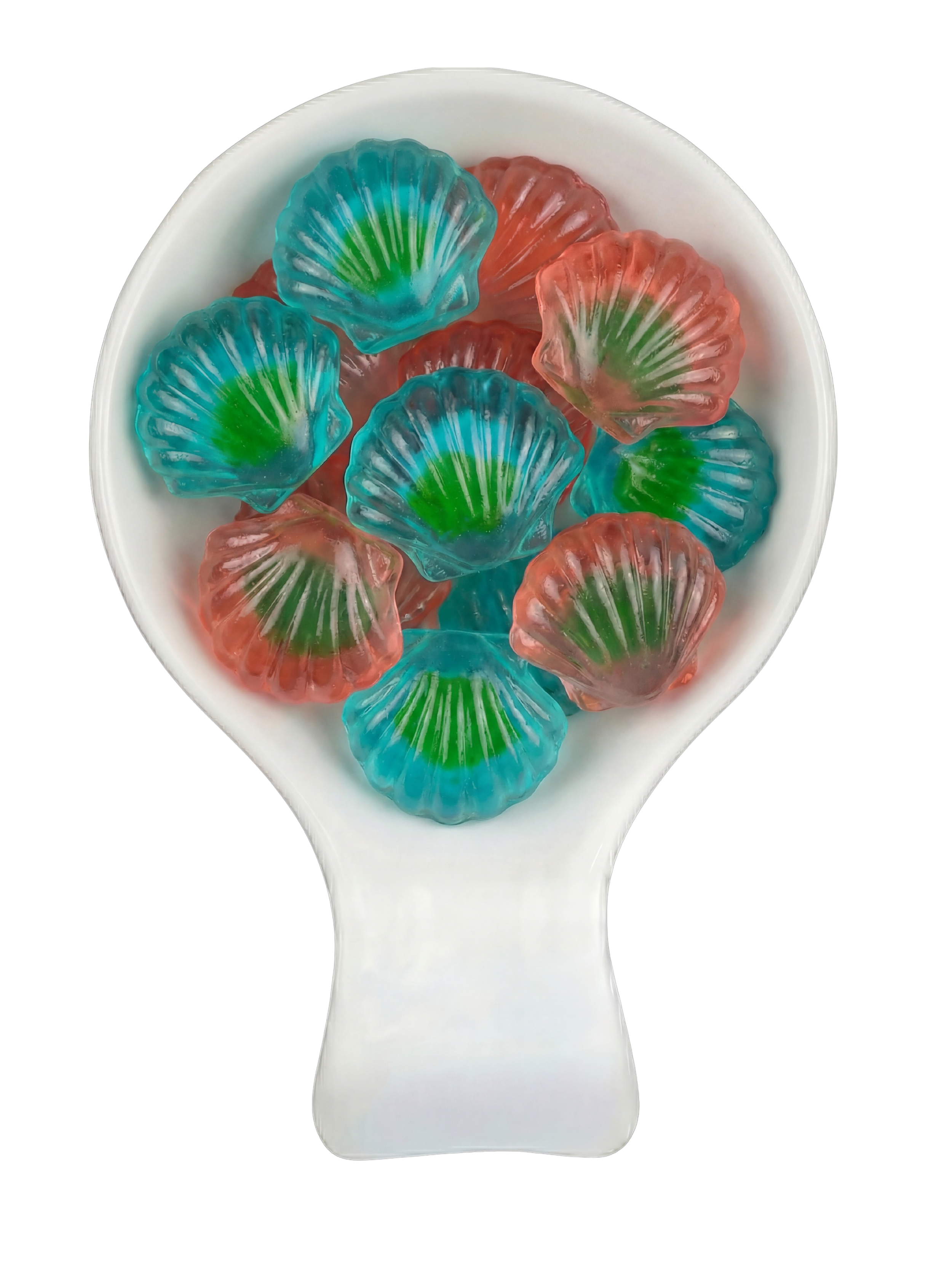 Colorful seashell-shaped candies in a white spoon against a black background.