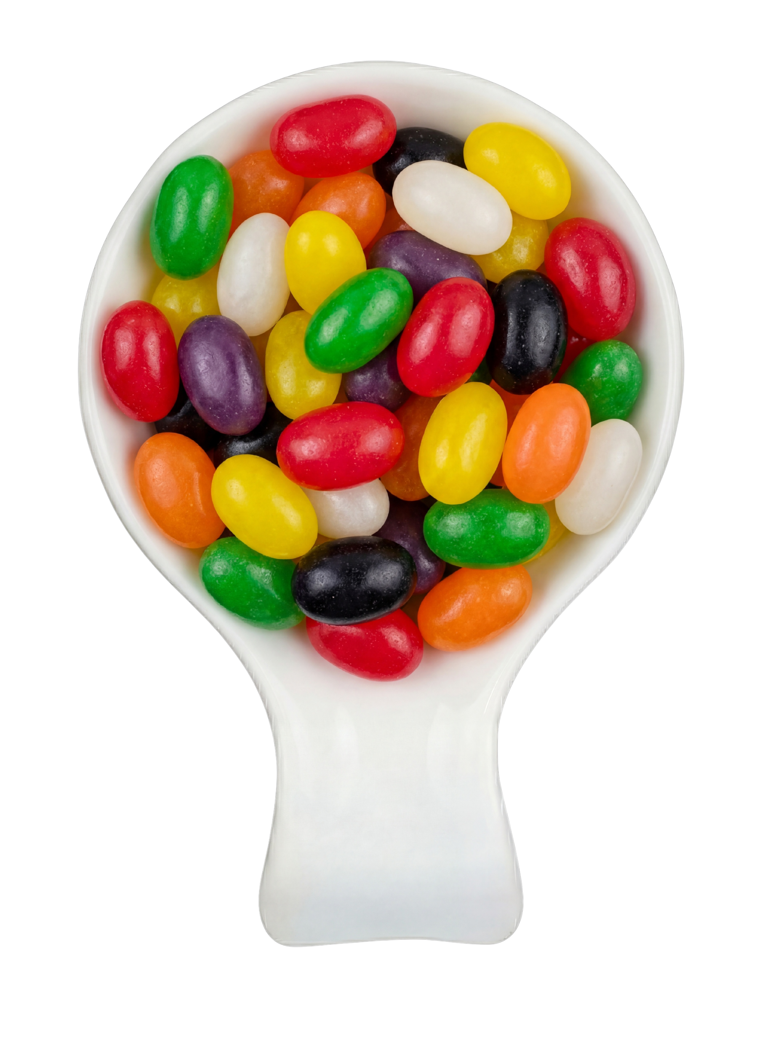 A white spoon filled with multicolored jelly beans against a black background.