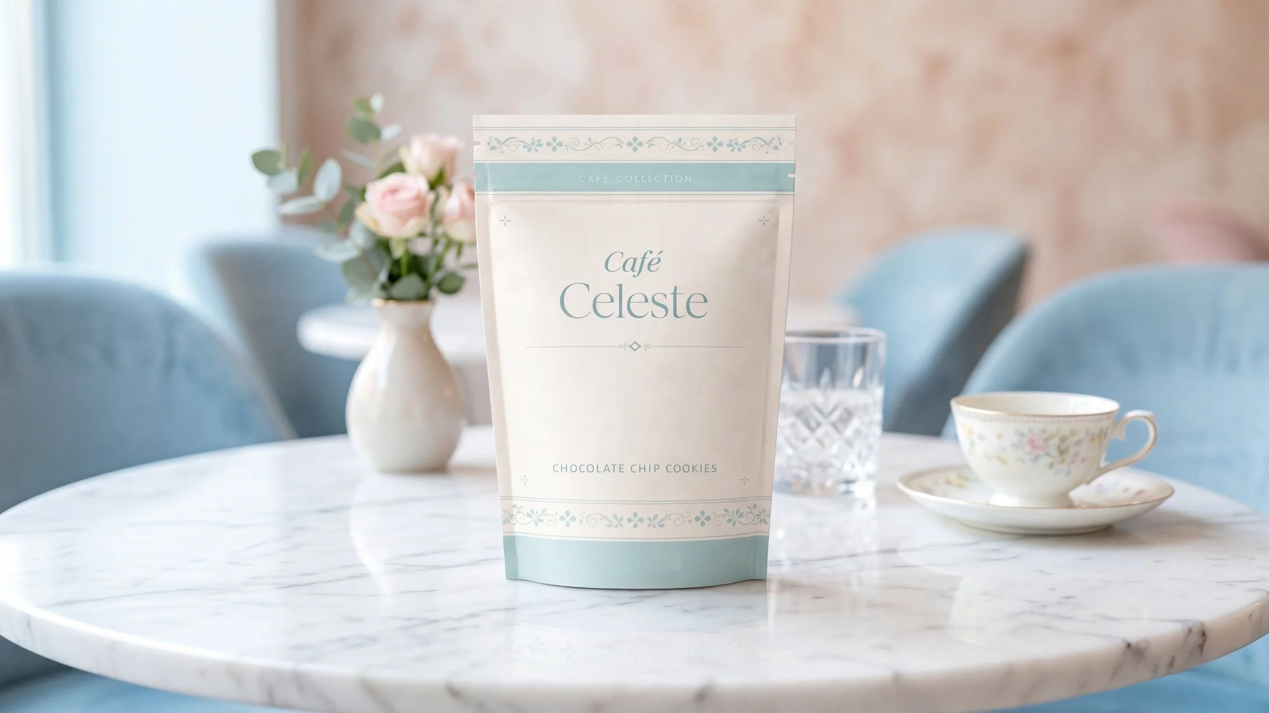 Package of Café Celeste chocolate chip cookies on a marble table with a tea cup and a glass of water, in a cozy dining setting with a vase of pink roses in the background.