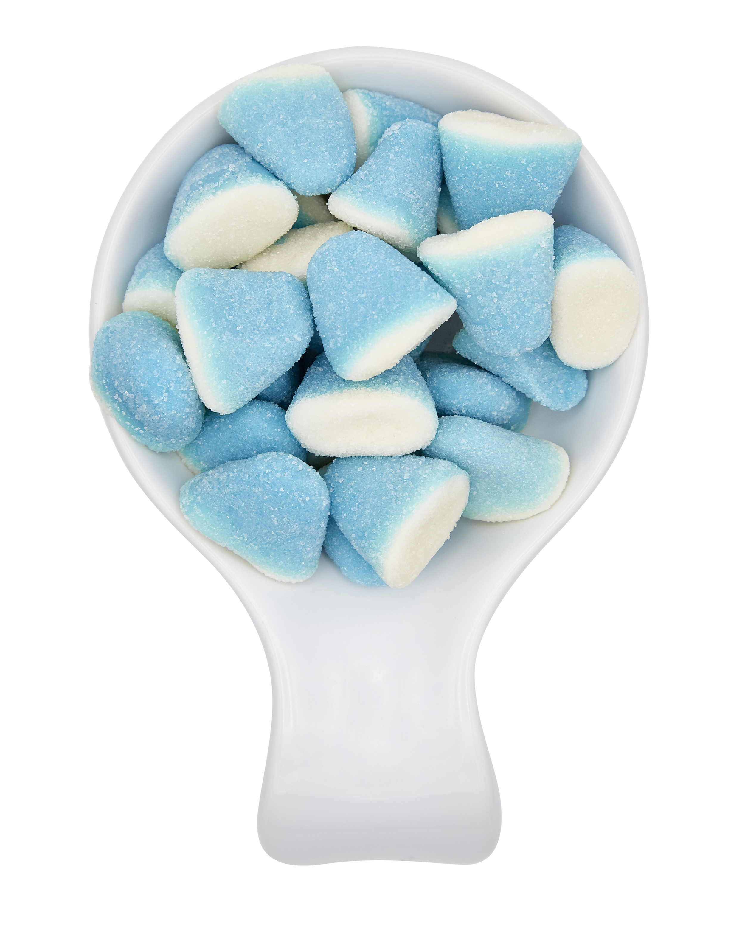 A white scoop filled with blue and white sugar-coated gummy candies.