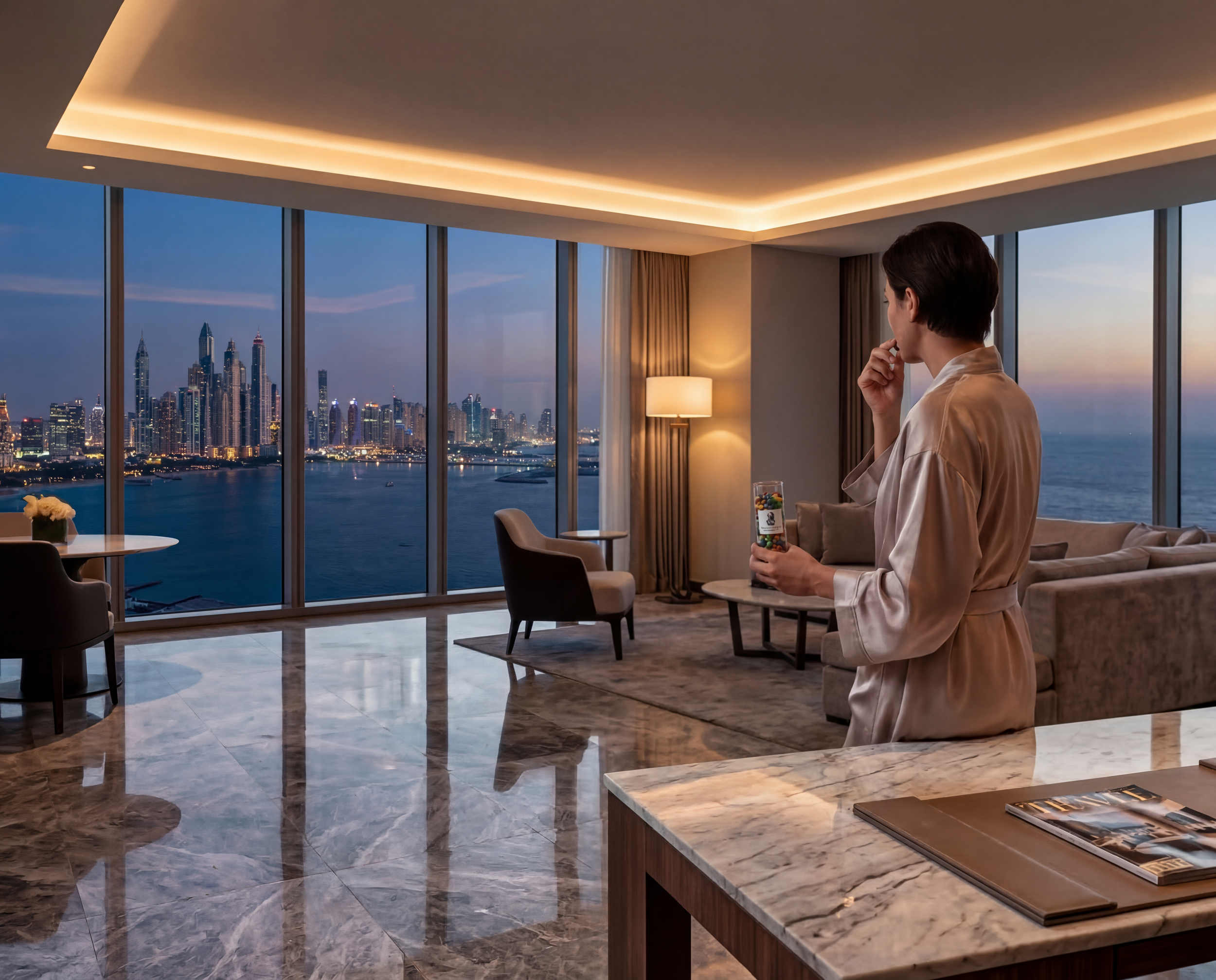 A woman in a silk robe standing in a luxurious living room with large windows overlooking a city skyline and water at dusk, holding a glass jar of colorful candies, thoughtfully looking outside.